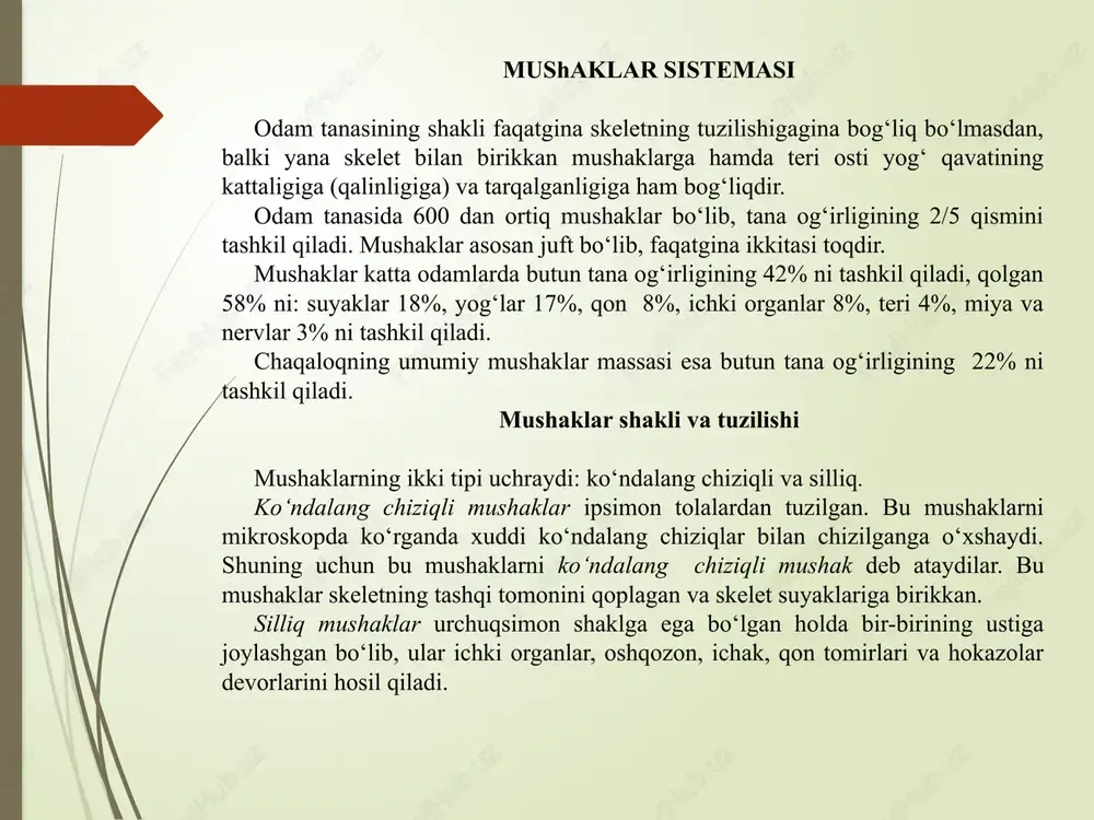 nadi va tugaydi. mushaklar paylar yordamida skelet suyaklariga, boʻgʻim xaltasiga yoki teriga birikadi. har bir mushak yoki mushaklar guruhi fassiya deb nom olgan ingichka biriktiruvchi toʻqimali qobiq bilan oʻralgan. fassiya mushaklarning bir-biri bilan ishqalanishini oldini oladi. mushaklar shakli har xil boʻlib, bir-biridan farq qiladi, bu esa mushaklarning joylashishiga va bajaradigan ishiga bogʻliqdir. mushaklarning asosiy shakli: uzun, qisqa (kalta), keng (yassi) va yumaloq. uzun mushaklar odatda qoʻl va oyoq suyaklarida joylashgan. qisqa (kalta) mushaklar umurtqalar, qovurgʻalar orasida, qoʻl va oyoq kaftlar qismining boʻgʻinlarida joylashgan. keng (yassi)mushaklar koʻproq gavdaning old va ort taraflarida joylashgan (qorin, koʻkrak va orqa mushaklari). yumaloq mushaklar odam yuzida ogʻiz va koʻz atrofida joylashgan. mushaklar skeletning tipli suyaklariga bogʻlangan boʻlib, murakkab harakatga egadir. shunga muvofiq ikki boshli, uch boshli, toʻrt boshli mushaklar boʻladi. ba'zi mushaklarda pay qismi ularning uchlarida emas, butun uzunligi boʻylab oʻrnashgan boʻladi, bunday mushaklar patsimon, bir patli, ikki patli deb ataladi. skelet mushak tolalari yoʻnalishiga …