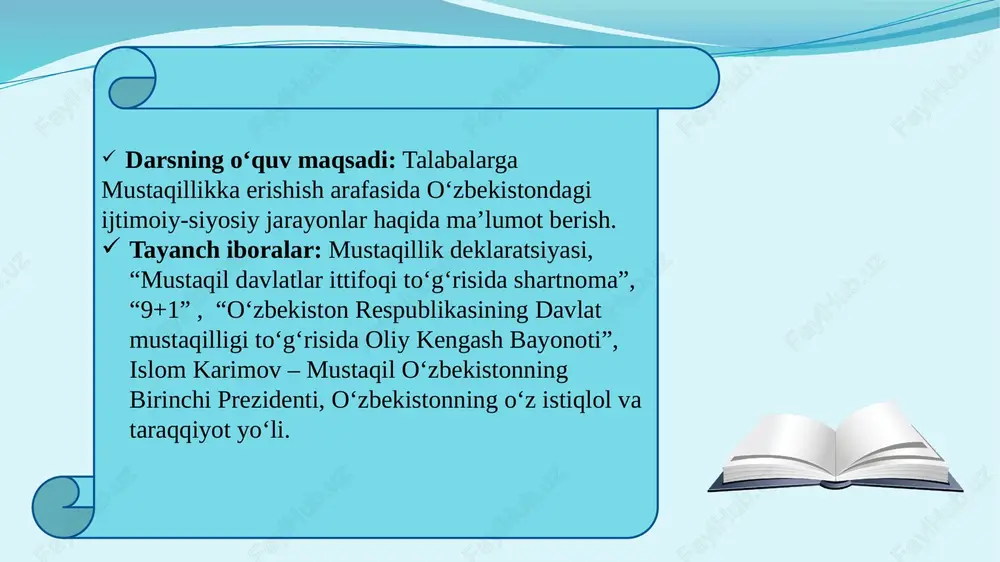borat oliy maqsad haqi, har bir kishining farovon hayot kechirishini ta’minlashni oliy maqsad deb bilgan holda, o’zbekiston xalqining kelajagi uchun tarixiy mas’uliyatni chuqur his etgan holda, xalqaro huquq qoidalariga, umumbashariy qadriyatlarga va demokratiya prinsplariga asoslanib, o’zbekiston sovet sotsialistik respublikasining davlat mustaqilligini e’lon qiladi mustaqillik deklaratsiyasining qabul qilinishi mamlakatimizning tom ma’nodagi, haqiqiy mustaqillikka erishish yo‘lida muhim ahamiyatga ega bo‘ldi. shundan e’tiboran mamlakatimizning siyosiy, iqtisodiy va ma’naviy hayotiga doir masalalar mustaqil tarzda hal etila boshlandi. o‘zbekistonning mustaqillik sari intilayotgani uning yangi ittifoq shartnomasini ishlab chiqish jara-yoniga respublika manfaati nuqtayi nazaridan kelib chiqqan holda, qat’iylik bilan yondashayotganida yaqqol namoyon bo‘ldi. 1991 yil aprelda kiyevda ukraina, rossiya, belarus, o‘zbekiston, qozog‘iston respublikalari rahbarlarining uchrashuvi bo‘ldi. uchrashuvda mustaqil respublikalar manfaatlariga mos keladigan ittifoq shartnomasini tuzishga yondashish yo‘llari ishlab chiqildi va tegishli bayonot imzolandi. bu hujjatni qirg‘iziston, tojikiston, turkmaniston respublikalari ham imzolashga rozilik bildirdi. markaz yon berishga majbur bo‘ldi. 1991 yil aprelda novo-ogoryovoda sssr prezidenti m.s.gorbachyovning 9 …