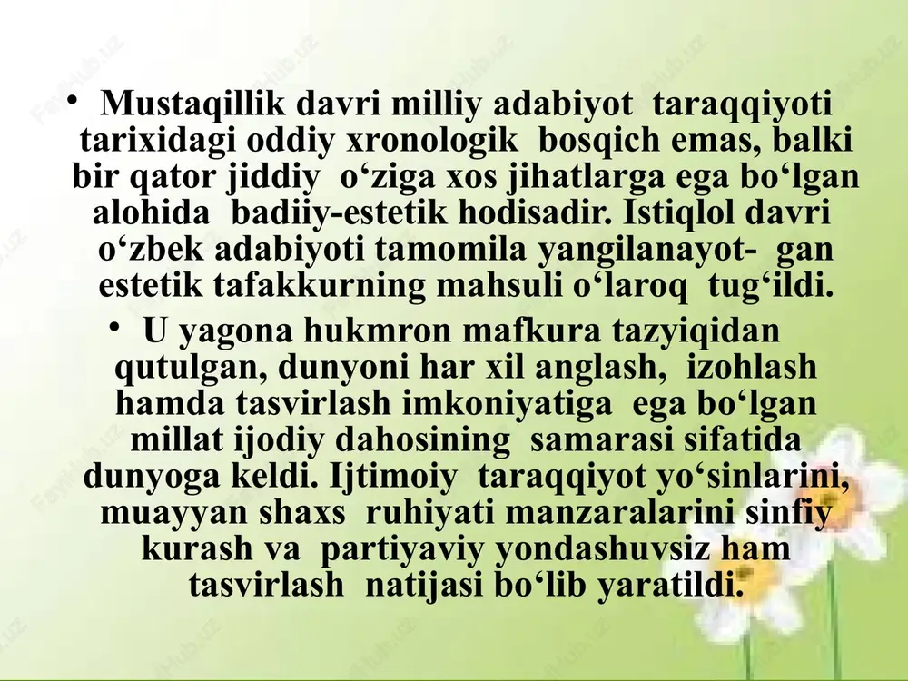 bu davr adabiyoti jo‘nlikdan, anchayinlikdan, to‘porilikdan qutildi va uning asl namunalarini hamisha ham izohlash, tushuntirish, mantiqiy qoliplarga solish mumkin bo‘lmay qoldi; 9. ijod erkinligi, xilma-xil fikrlash imkoniyati, badiiy so‘zga davlat miqyosida xo‘jayinlik qilishning barham topganligi iste’dodsiz(o‘rtamiyona) asarlarning ham yaratilishi hamda chop etilishiga imkon tug‘dirdi; 10. bozor munosabatlari badiiy ijod sohasida ham namoyon bo‘la boshladi. natijada xaridorgir, ommaning o‘tkinchi talablariga mos keladigan asarlar yaratishga harakat kuchaydi. she’riyat abdulla oripov, rauf parfi, shavkat rahmon, azim suyun, usmon azim, ikrom otamurod, abduvali qutbiddin, farida afro‘z, aziz said, muhammad yusuf, faxriyor, bahrom ro‘zimuhammad, rauf subhon, iqbol mirzo, zebo mirza, tursun ali, ulug‘bek hamdam, xosiyat rustamova singari shoirlarning she’rlarida olamni poetik idrok etish yangi bosqichga ko‘tarilgani namoyon bo‘ladi. r. parfining «adashgan ruh», «qora devor», «munojot», «turkiylar», «sensiz», «iqror», sh. rahmonning a. suyunning «istig‘for», «oq va qora», a. qutbiddinning «izohsiz lug‘at», a. saidning «tush», «yo‘l», faxriyorning «ayolg‘u», «bo‘g‘zimdan sirqirar she’riy tovush - qon...», «oyloq asarlari mustaqillik …