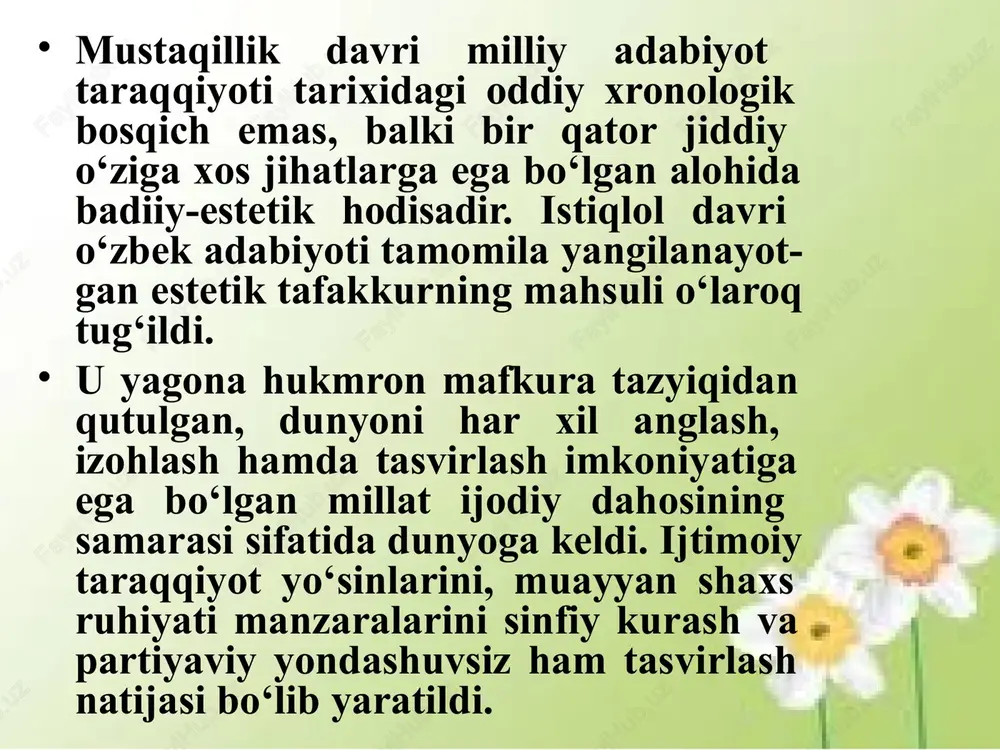 adi; 8. bu davr adabiyoti jo‘nlikdan, anchayinlikdan, to‘porilikdan qutildi va uning asl namunalarini hamisha ham izohlash, tushuntirish, mantiqiy qoliplarga solish mumkin bo‘lmay qoldi; 9. ijod erkinligi, xilma-xil fikrlash imkoniyati, badiiy so‘zga davlat miqyosida xo‘jayinlik qilishning barham topganligi iste’dodsiz(o‘rtamiyona) asarlarning ham yaratilishi hamda chop etilishiga imkon tug‘dirdi; 10. bozor munosabatlari badiiy ijod sohasida ham namoyon bo‘la boshladi. natijada xaridorgir, ommaning o‘tkinchi talablariga mos keladigan asarlar yaratishga harakat kuchaydi. she’riyat abdulla oripov, rauf parfi, shavkat rahmon, azim suyun, usmon azim, ikrom otamurod, abduvali qutbiddin, farida afro‘z, aziz said, muhammad yusuf, faxriyor, bahrom ro‘zimuhammad, rauf subhon, iqbol mirzo, zebo mirza, tursun ali, ulug‘bek hamdam, xosiyat rustamova singari shoirlarning she’rlarida olamni poetik idrok etish yangi bosqichga ko‘tarilgani namoyon bo‘ladi. r. parfining «adashgan ruh», «qora devor», «munojot», «turkiylar», «sensiz», «iqror», sh. rahmonning a. suyunning «istig‘for», «oq va qora», a. qutbiddinning «izohsiz lug‘at», a. saidning «tush», «yo‘l», faxriyorning «ayolg‘u», «bo‘g‘zimdan sirqirar she’riy tovush - qon...», «oyloq …