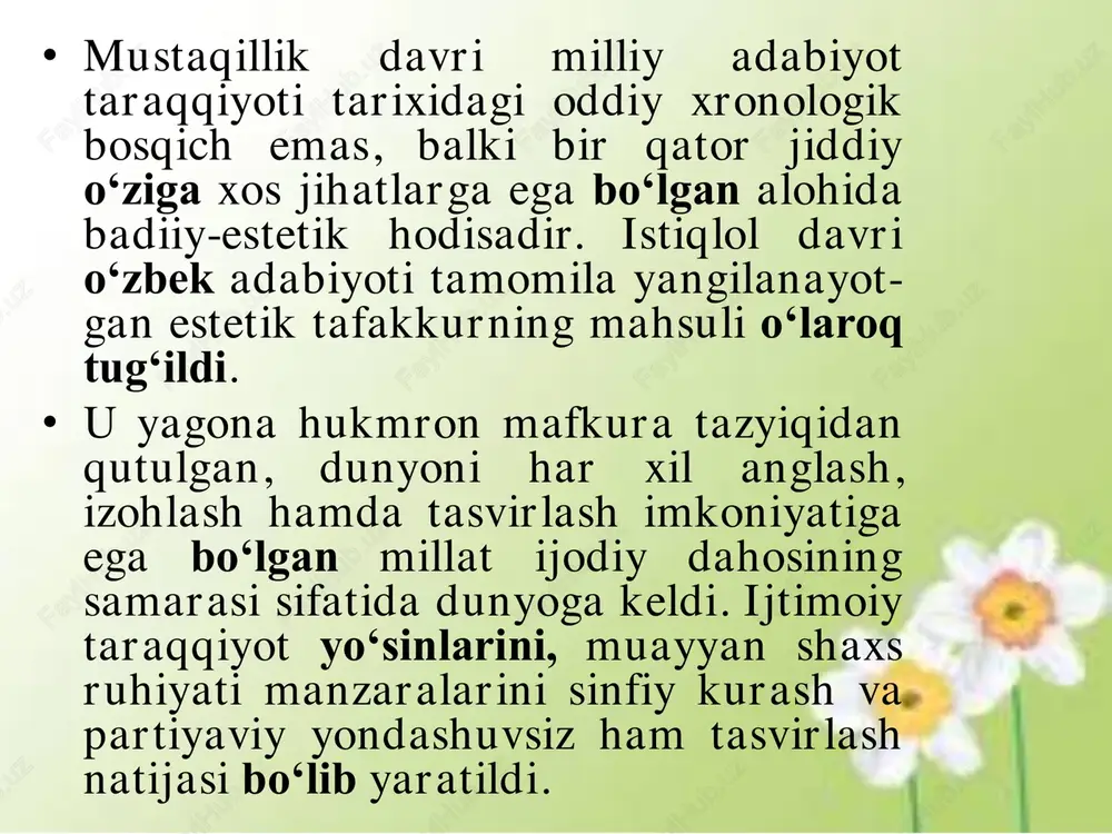 turtki bo‘ladi; • 8. bu davr adabiyoti jo‘nlikdan, anchayinlikdan, to‘porilikdan qutildi va uning asl namunalarini hamisha ham izohlash, tushuntirish, mantiqiy qoliplarga solish mumkin bo‘lmay qoldi; • 9. ijod erkinligi, xilma-xil fikrlash imkoniyati, badiiy so‘zga davlat miqyosida xo‘jayinlik qilishning barham topganligi iste’dodsiz(o‘rtamiyona) asarlarning ham yaratilishi hamda chop etilishiga imkon tug‘dirdi; • 10. bozor munosabatlari badiiy ijod sohasida ham namoyon bo‘la boshladi. natijada xaridorgir, ommaning o‘tkinchi talablariga mos keladigan asarlar yaratishga harakat kuchaydi. she’riyat • abdulla oripov, rauf parfi, shavkat rahmon, azim suyun, usmon azim, ikrom otamurod, abduvali qutbiddin, farida afro‘z, aziz said, muhammad yusuf, faxriyor, bahrom ro‘zimuhammad, rauf subhon, iqbol mirzo, zebo mirza, tursun ali, ulug‘bek hamdam, xosiyat rustamova singari shoirlarning she’rlarida olamni poetik idrok etish yangi bosqichga ko‘tarilgani namoyon bo‘ladi. • r. parfining «adashgan ruh», «qora devor», «munojot», «sensiz», sh. rahmonning «turkiylar», «iqror», a. suyunning «istig‘for», «oq va qora», a. qutbiddinning «izohsiz lug‘at», a. saidning «tush», «yo‘l», faxriyorning «ayolg‘u», «bo‘g‘zimdan …