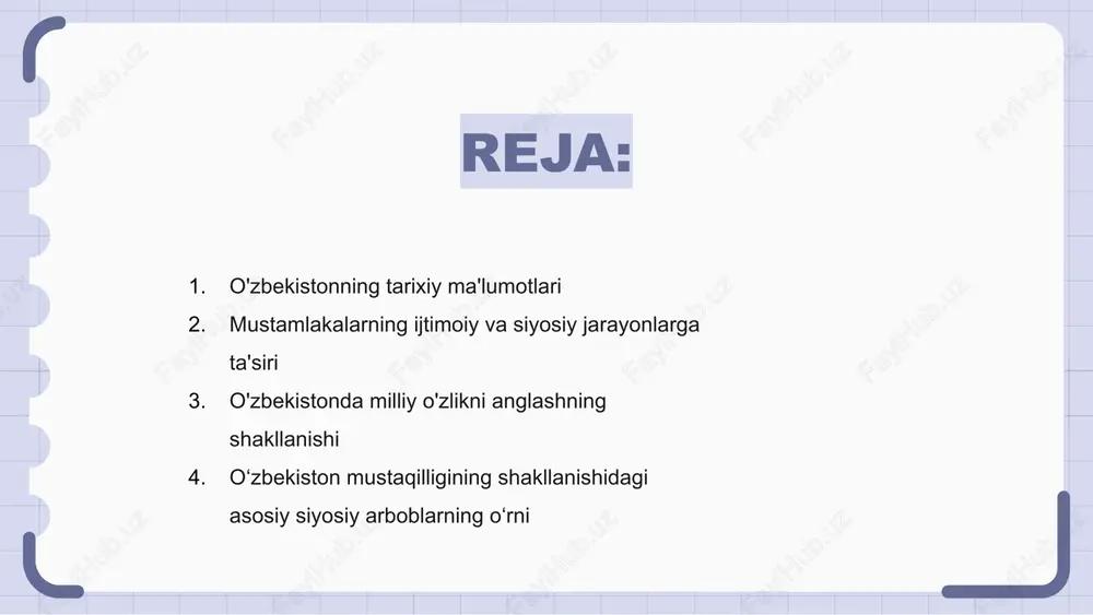 hal qiluvchi rol o‘ynadi. o‘zbekiston mustaqilligining shakllanishidagi asosiy siyosiy arboblarning o‘rni o‘zbekiston mustaqillikka erishgunga qadar ijtimoiy-siyosiy jarayonlar avj oldi, xalq o‘zini o‘zi boshqarish va sovet ittifoqidan ozod bo‘lishni orzu qilar edi. oʻzbekiston mustaqilligining shakllanishida islom karimov kabi muhim siyosiy arboblar hal qiluvchi rol oʻynagan, ular strategik ittifoqlar va muzokaralar orqali mamlakatni suverenitet sari yetaklagan. bu yetakchilarning sa’y-harakatlari o‘zbekistonning yakuniy mustaqillikka erishishiga yo‘l ochib, millat va uning xalqi tarixida muhim burilish yasadi. o‘zbekiston mustaqillikka erishish arafasida duch kelgan muammolar mustaqillik arafasida o‘zbekistondagi ijtimoiy-siyosiy jarayonlar sho‘ro tuzumidan yangi boshqaruv tuzilmasiga o‘tish bilan belgilandi. o‘zbekiston mustaqillikka erishish arafasida duch kelgan muammolar qatoriga iqtisodiy beqarorlik, etnik ziddiyatlar, yangi milliy o‘zlikni shakllantirish zaruriyati kiradi. bunday qiyinchiliklarga qaramay, o‘zbekiston mustaqillik davridagi qiyinchiliklarni engib o‘ta oldi va postsovet davrida suveren davlat sifatida shakllandi. o‘zbekistonda sovetlar siyosatining ijtimoiy tuzilmalarga ta’siri mustaqillik arafasida o‘zbekistonda jiddiy ijtimoiy-siyosiy o‘zgarishlar ro‘y berdi. sovet siyosatining ta'siri ijtimoiy tuzilmalarga doimiy ta'sir ko'rsatdi. sovet davri …