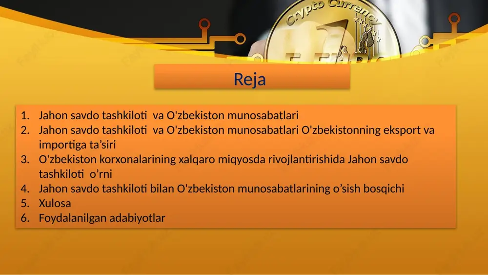 ulot eksportini ko‘paytirishda jahon savdo tashkilotiga a’zo bo‘lish yanada keng imkoniyatlar ochadi. shu bois o‘zbekiston 2019 yildan bu xalqaro tuzilmaga a’zolik jarayonini yangidan boshlagan edi.– kelgusi uch yilda tayyor mahsulot eksportini 2 baravar oshirishni reja qilganmiz. bunga erishishning birdan bir yo‘li – jahon savdo tashkilotiga a’zo bo‘lish. bu 164 ta davlat bilan adolatli savdo tizimini yo‘lga qo‘yish va barqaror bozorlarni yaratish imkonini beradi, – dedi shavkat mirziyoyev. jahon savdo tashkiloti va o'zbekiston munosabatlari this presentation uses a free template provided by fppt.com www.free-power-point-templates.com 4 iqtisodiy hamkorlik: moliyaviy tashvishlar va investitsiyalar: xalqaro savdo qoidalari va moliyaviy iqtisodiy yordam: unctad o'zbekiston bilan iqtisodiy hamkorlikni rivojlantirishda yordam beraydi. ular o'zbekistonning eksport potentsialini oshirish, moliyaviy sohalarni rivojlantirish, investitsiyalarni jalb qilish va xalqaro savdo munosabatlarini mustahkamlashda ishtirok etadilar. unctad moliyaviy sohada yordam beraydi, shuningdek o'zbekistonning moliyaviy tashvishlarini tahlil qiladi va ularni bartaraf qilishda yordam beraydi. investitsiyalar sohasida unctad o'zbekistonni xalqaro investorlarni jalb qilishda o'rtacha qiladi. …