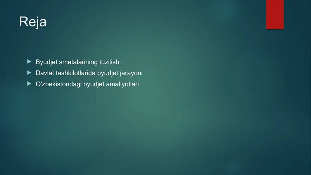 rslarni taqsimlash uchun mo'ljallangan smetalar bo'lib, hamkorlikni kuchaytirish maqsadida yaratiladi. byudjet smetalarining maqsadi va ularning ahamiyati. 1 byudjet smetalarining maqsadi byudjet smetalarining asosiy maqsadi - davlat tashkilotlarining moliyaviy resurslarini samarali taqsimlash va iqtisodiy barqarorlikni ta'minlashdir. 2 ijtimoiy ahamiyati byudjet smetalari ijtimoiy xizmatlar, ta'lim va sog'liqni saqlash kabi sohalarga investitsiya qilish imkonini berib, aholining farovonligini oshiradi. 3 moliyaviy rejalashtirish byudjet smetalari moliyaviy rejalashtirish jarayonida muhim vosita hisoblanadi, chunki ular kelgusidagi xarajatlar va daromadlarni aniq bashorat qilishga yordam beradi. o'zbekistondagi byudjet smetalarining o'ziga xos xususiyatlari. o'zbekistondagi byudjet smetalarining o'ziga xos xususiyatlari davlat moliyasining shaffofligi va hisobdorligini ta'minlashga qaratilgan. ushbu smetalar mahalliy xususiyatlarni hisobga olgan holda shakllanadi. - mahalliy ehtiyojlar va qoidalar. - davlat idoralari o'rtasida hamkorlik. - byudjet jarayonida jamoatchilik ishtiroki. byudjet smetalarini ishlab chiqishda foydalaniladigan metodologiyalar. 01 byudjet jarayoni byudjet smetalarini ishlab chiqish jarayoni, maqsad va ehtiyojlarga mos ravishda moliyaviy resurslarni taqsimlashni rejalashtirishdan iborat. 02 analitik yondashuv analitik yondashuv byudjet smetalarini …