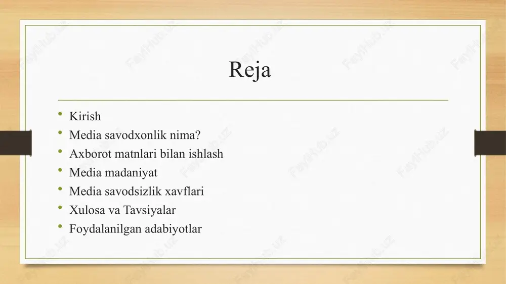 ? solishtirish va tasdiqlash ma’lumot boshqa mustaqil manbalarda mavjudmi? qarama-qarshi fikrlar mavjudmi? tanqidiy yondashuv emotsional ta’sir orqali manipulyatsiya bormi? maqsadli auditoriyani aniqlash mumkinmi? media madaniyat media madaniyat — bu media vositalaridan madaniyatli, ongli va mas’uliyatli foydalanish madaniyatidir. media madaniyatning asosiy tamoyillari: hurmat va odob media orqali fikr almashishda boshqalar fikrini hurmat qilish. tanqidiy fikrlash axborotni qabul qilishda doimo savol berish va fikrlarni tahlil qilish. mas’uliyat o‘zimizning axborot tarqatishimiz natijasida yuzaga kelishi mumkin bo‘lgan oqibatlarni anglash. axborot xavfsizligi shaxsiy ma’lumotlarni himoya qilish va yolg‘on xabarlarga qarshi turish. media savodsizlik xavflari yolg‘on axborot (feyk news) ishonchsiz manbalardan keladigan noto‘g‘ri yoki manipulyativ ma’lumotlar. manipulyatsiya va propaganda axborotni noaniq maqsadlarda buzib ko‘rsatish orqali odamlarning fikrini boshqarish. shaxsiy ma’lumotlarning tarqalishi maxfiy axborotlarni ehtiyotsiz ulash natijasida shaxsiy xavfsizlikka tahdid. ijtimoiy zo‘ravonlik va kamsitish media orqali noto‘g‘ri ma’lumot tarqatish, kamsitish yoki irqiy, diniy ziddiyatlarni kuchaytirish. axborotdan noto‘g‘ri foydalanish tushunarsiz yoki noto‘g‘ri ma’lumot asosida qarorlar qabul qilish. xulosa …