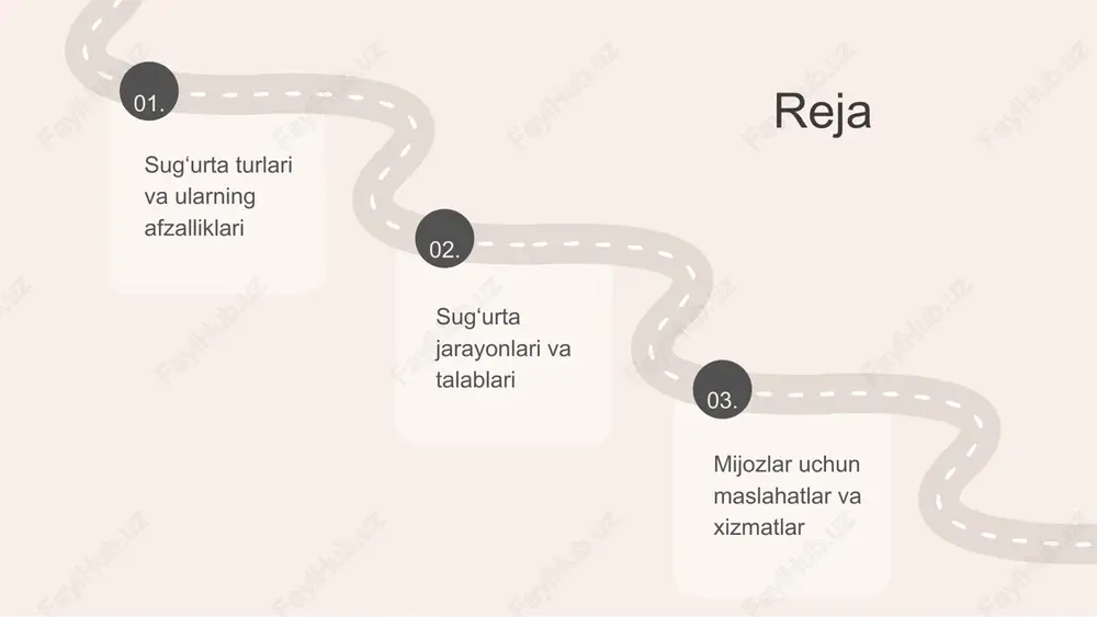 h sugʻurtasi bir nechta afzalliklarga ega: - tibbiy xarajatlarni kamaytiradi. - tez va qulay tibbiy yordamga ega bo‘lish imkonini beradi. - profilaktik tekshiruvlar va dori-darmonlarni o‘z ichiga oladi, bu esa kasalliklarni oldini olishda yordam beradi. **mijozlarga taklif etiladigan xizmatlar:** sugʻurta mijozlariga quyidagi xizmatlar taqdim etiladi: - shifokor maslahatlari. - kasalxonaga yotqizish. - tibbiy taʼminot va profilaktik tekshiruvlar. sogʻliqni saqlash sugʻurtasi, hayot sugʻurtasi va avtomobil sugʻurtasi bilan solishtirganda, tibbiy yordamga tezkor erishish imkoniyatini beradi, bu esa muhim ahamiyatga ega. mol-mulk sugʻurtasi mol-mulk sugʻurtasi - bu shaxsiy yoki tijorat mulkini zarar ko‘rish yoki yo‘qotishdan himoya qilish uchun mo‘ljallangan sug‘urta turi. bu sug‘urta turiga uy, avtomobil, ofis jihozlari va boshqa mulk turlari kiradi. mol-mulk sugʻurtasi mijozlarga ko‘plab afzalliklar taqdim etadi, jumladan, moliyaviy xavflardan himoya qilish, mulkni yo‘qotish holatida to‘lovlar olish va sug‘urta shartnomasi orqali xavfsizlik hissi yaratish. mijozlar uchun bu sug‘urta turini tanlashda muhim jihatlar orasida sug‘urta summasi, franchayz, sugʻurta premiums va qamrov …
