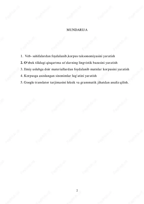 brendi, narxi va texnik xususiyatlari bo‘yicha ajratilishi).  tarmoqli (network-based) taksonomiya – ob’ektlar o‘zaro bog‘liq bo‘lgan holda ko‘rsatiladi (masalan, internetdagi havolalar orqali bog‘langan veb- saytlar). taksonomiya tizimlashtirilgan korpus yaratishda muhim rol o‘ynaydi, chunki u matnlarni samarali tashkil etishga, kerakli ma’lumotlarni tez topishga va avtomatlashtirilgan tahlil uchun qulay muhit yaratishga imkon beradi. 4 veb-sahifalar asosida korpus yaratishning afzalliklari: hozirgi kunda veb-sahifalar eng katta va tez yangilanib turuvchi ma’lumot manbalaridan biri hisoblanadi. veb- sahifalar asosida korpus yaratish quyidagi afzalliklarga ega: ✅ hajm jihatdan boy manba – internetda katta hajmdagi turli xil ma’lumotlar mavjud. ✅ yangilanish tezligi – veb-sahifalar muntazam yangilanib turadi, bu esa dolzarb ma’lumotlar bilan ishlash imkonini beradi. ✅ ma’lumotlarning xilma-xilligi – matn, rasm, video, audio kabi turli formatdagi kontentlardan foydalanish mumkin. ✅ mashina o‘rganishi uchun qulaylik – katta hajmdagi matnlar model o‘rgatishda asosiy rol o‘ynaydi. ✅ avtomatlashtirish imkoniyati – veb-kazish (web scraping) orqali avtomatik tarzda katta hajmdagi matnlarni yig‘ish va …