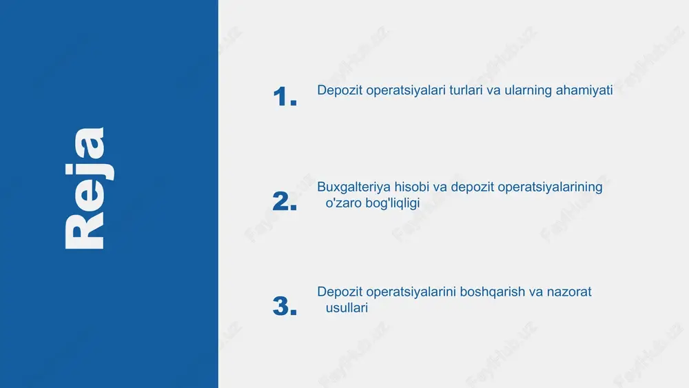 qisqa muddatli depozitlar uchun pastroq, uzoq muddatli depozitlar uchun esa yuqoriroq foizlar taklif etiladi. tejash depozitlarining afzalliklari quyidagilar: 1) xavfsizlik - banklarda joylashtirilgan mablag'lar davlat tomonidan kafolatlangan; 2) likvidlik - depozitni istalgan vaqtda yechish imkoniyati; 3) daromad - foizlar orqali qo'shimcha daromad olish imkoniyati. ushbu omillar tejash depozitlarini moliyaviy rejalashtirishda muhim ahamiyatga ega. muddatli depozitlar muddatli depozitlar - bu banklar tomonidan ma'lum bir muddat davomida saqlanadigan va ma'lum bir foiz bilan to'lanadigan mablag'lardir. ular odatda qisqa (1-3 oy), o'rta (6-12 oy) va uzoq muddatli (1 yildan ortiq) bo'lishi mumkin. mijozlar o'z mablag'larini muddatli depozitlarda saqlash orqali banklardan yuqori foiz to'lovlarini olishadi. banklar esa, bu mablag'larni boshqa kreditlash faoliyatlarida foydalanadilar. muddatli depozitlarning bank va mijozlar uchun bir qancha foydalari mavjud. mijozlar uchun bu depozitlar xavfsizlik, kafolatlangan daromad va likvidlikni taklif etadi. banklar uchun esa, ular investorlar mablag'larini kreditlash uchun foydalanish imkoniyatini beradi, bu esa bankning moliyaviy barqarorligini oshiradi. shuningdek, muddatli depozitlar …