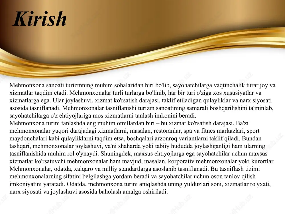 alari, appartamentlar, turistik, qishloqlar, shuningdek, turistlarni joylashtirishda ishtirok etuvchi xususiy sektor vositalari tashkil etadi. mehmonxona nomeri tvin dormitori apartament turistlar va mehmonlarni joylashtirish vositalari turistik yoshlar bazalar uchun mo„ljallangan mehmonxona, turistik mehmonxonalar, turistik qishloqcha, turizm ijtimoiy muassasalari, boshqa joylashtirish vositalari xususiy yashash joyi, xususiy uyda ijaraga olingan xonalar, qarindosh va tanishlarning joylashtiruvi, xususiy agentlardan ijaraga olingan xonalar, boshqalar motel motel- shahar tashqarisidagi, shahar yaqinida, magistral yo‟l yoqasidagi oddiy 1 yoki 2 qavatli binolar. rotel rotel- tunash uchun mo‟ljallangan kreslolar joylashtirilgan 1 yoki 2 o‟rinli vagonlardan tashkil topuvchi harakatlanadigan mehmonxona. botel botel- mos ravishda jihozlangan kichik kema sifatida foydalanuvchi, suvdagi uncha katta bo‟lmagan mehmonxona. flotel flotel- ko‟p hollarda “suvdagi kurort” mehmonxona. flaytel flaytel- agromehmonxona yoki uchuvchi otel. xalqaro statistika bo„yicha mehmonxonalardagi turistlarning talab va ehtiyojlari: mehmonlar orasida biznes turistlar 40% ni, juft bo„lib sayohat qiluvchilar 43% ni, yolg„iz erkaklar 32% ni, yolg„iz ayollar 22% ni tashkil qiladi 4 mehmonlarning 95%i dush …