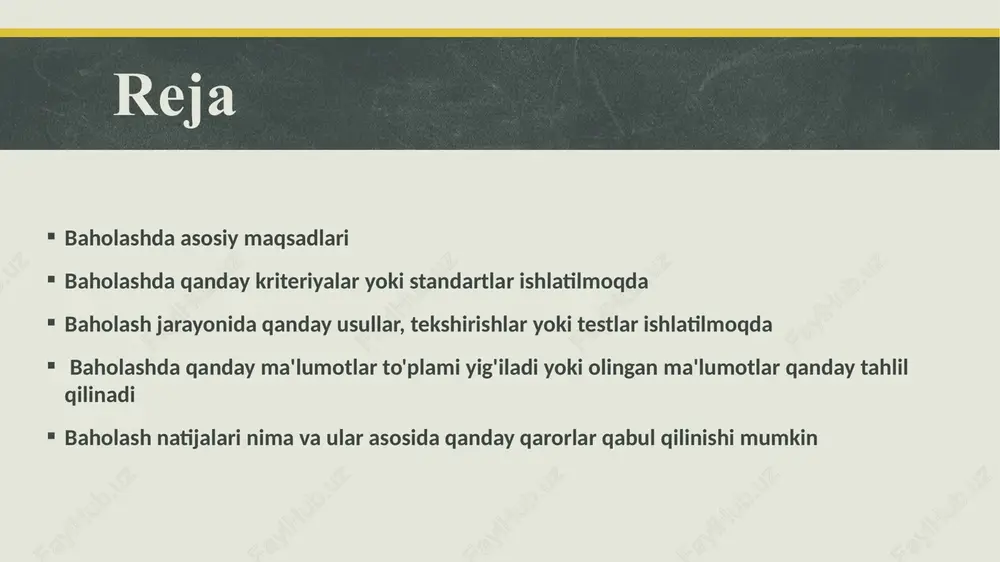 ati belgilanishi. samaradorlik: tizim yoki jarayonning qanday darajada samarali bo'lishi kerakligi. bu, xizmat ko'rsatishning tezligi, xavfsizligi yoki o'zgarishlarga qanday tez moslashganligi kabi narsalarni o'z ichiga oladi. xizmat sifati: xizmat yoki mahsulotning sifati, uning qobiliyati, ko'rsatkichlari va foydalanuvchilar uchun qadriyatli bo'lishi kabi kriteriyalar. moliyaviy hisob-kitob: pul mablag'lari, moliyaviy natijalar, daromad va zaharlar kabi moliyaviy ko'rsatkichlar ham kriteriyalar qilib ishlatilishi mumkin. mijozning ko'rsatgan qoniqishlar va sharhlar: foydalanuvchilar, mijozlar yoki mijozlar tomonidan berilgan qoniqishlar va sharhlar kriteriyalar qilib ishlatilishi mumkin. muvaffaqiyat ko'rsatkichi: maqsadlar uchun belgilangan muvaffaqiyat ko'rsatkichlari qanday o'zgarishi kerakligini aniqlash. masalan, iste'molchilar tomonidan qabul qilingan buyurtmalar soni, qadoqlash va qaytarish koeffitsienti kabi. baholash jarayonida qanday usullar, tekshirishlar yoki testlar ishlatilmoqda baholash jarayonida turli usullar, tekshirishlar va testlar ishlatiladi maqsadga yo'naltirilgan natijalarni olish uchun. bu usullar, ma'lumotlar to'plash, tahlil qilish va natijalarni olishda yordam beradi. quyidagi usullar ba'zi baholash jarayonlarida odatda ishlatiladi: anketalar va so'rovnoma: anketalar yoki so'rovnoma tashkilot yoki mijozlar tomonidan ma'lumot …