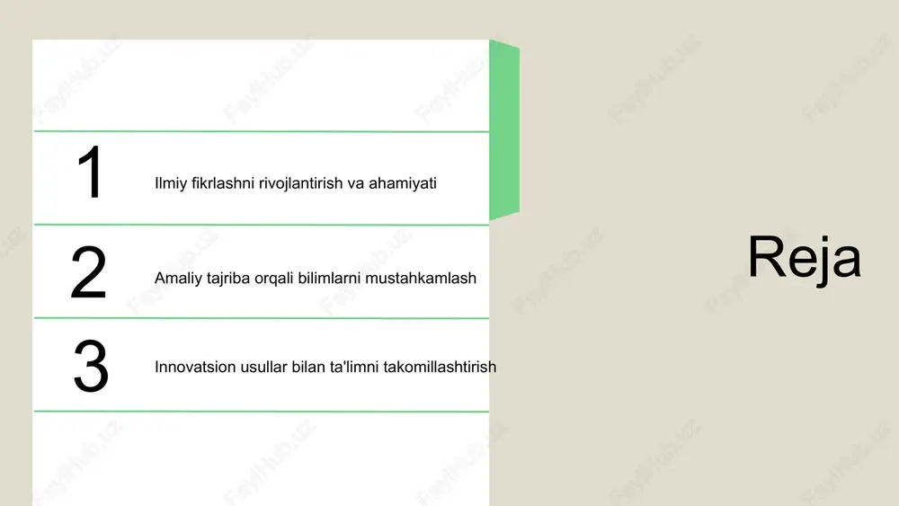 tida ishlash imkoniyatini topadilar. title: ilmiy fikrlashni rivojlantirish usullari 1. muammoli o'qitish: o'quvchilar muammolarni hal qilish jarayonida ilmiy fikrlash qobiliyatlarini rivojlantiradilar, bu esa tanqidiy fikrlash va muammolarni hal qilishga yordam beradi. 2. tadqiqot asosida o'qitish: o'quvchilar mustaqil tadqiqotlar o'tkazishga rag'batlantiriladi, bu esa ularning ilmiy bilimlarini mustahkamlash va o'z fikrlarini shakllantirishga yordam beradi. 3. muloqot va munozara: o'quvchilar o'rtasida fikr almashish va munozara o'tkazish orqali ularning fikrlash qobiliyatlari rivojlanadi va turli nuqtai nazarlarni tushunish imkoniyati oshadi. 4. amaliy mashg'ulotlar: ilmiy nazariyalarni amaliyotda qo'llash orqali o'quvchilar tushunchalarini yanada chuqurlashtiradilar, bu esa ularga o'rganilgan bilimlarni hayotda qo'llash imkonini beradi. 5. interaktiv o'qitish: zamonaviy texnologiyalar yordamida o'quvchilarning faol ishtirokini ta'minlash, bu esa ularning qiziqishlarini oshiradi va ilmiy fikrlash jarayonini yanada jonlantiradi. ilmiy fikrlashni rivojlantirishda o'quvchilar roli o'quvchilar ilmiy fikrlashni rivojlantirishda muhim rol o'ynaydi. ularning faol ishtiroki, turli ilmiy mashg'ulotlarda ishtirok etishlari va fikr almashishlari ilmiy fikrlash qobiliyatlarini oshirishda yordam beradi. o'quvchilar nafaqat o'z bilimlarini …
