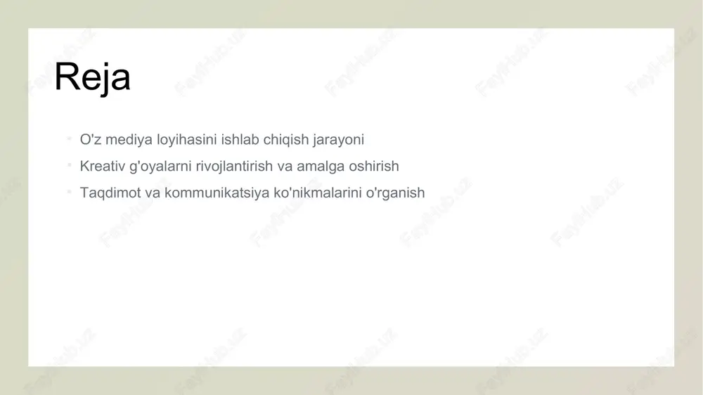 ditoriya e'tiborini jalb qiladi. 3 onlayn taqdimotlar zoom yoki google meet kabi platformalar orqali onlayn taqdimotlarni o'tkazish, auditoriya bilan interaktiv muloqot qilish imkonini beradi, bu esa taqdimotning samaradorligini oshiradi. o'z mediya loyihasida jamoaviy ishlash va rollarni taqsimlash. 1 jamoaviy ishning ahamiyati o'z mediya loyihalarida jamoaviy ish, g'oyalarni amalga oshirishda muhim rol o'ynaydi. har bir a'zo o'z mahoratini qo'shadi, natijada yanada muvaffaqiyatli loyiha yaratiladi. 2 rollarni taqsimlash jamoa ichida rollarni aniq taqsimlash, vazifalarning samarali bajarilishini ta'minlaydi. har bir a'zo o'z vazifasini bilishi va ijro etishi lozim. 3 hamkorlik va aloqa samimiy hamkorlik va ochiq muloqot jamoa a'zolari o'rtasidagi ishonchni oshiradi. bu, loyihaning muvaffaqiyatli amalga oshirilishiga yordam beradi. mijoz va auditoriya tahlili: o'z mediya loyihasining muvaffaqiyati uchun kalit. 1 mijoz va auditoriya mijoz va auditoriya tahlili, media loyihasining asosiy maqsadini aniqlashda muhimdir. bu, kimga xizmat qilishingizni va ular uchun qanday qiymat yaratishingizni belgilaydi. 2 maqsadli auditoriya maqsadli auditoriyani aniqlash, foydalanuvchilar ehtiyojlarini tushunishga …