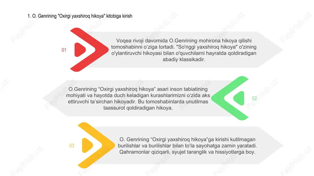 aro taʼsiri va toʻqnashuvlari hikoyani olgʻa suradi va tomoshabinni oʻz sayohatiga va hikoyaning natijasiga sarmoya kiritadi. 02 4. eng yaxshi hikoyaning sozlanishi o. genrining “oxirgi yaxshiroq hikoya” asari go‘zal manzarali go‘zal qishloqda joylashgan. kichik shahar muhiti hikoyaning jozibasi va nostaljisiga qo'shiladi. vaqt davri 20-asrning boshi bo'lib, qadimgi dunyo jozibasi va soddaligi tuyg'usini o'ziga tortadi. sozlama qahramonlar va ularning tajribalari uchun nostaljik va qulay fon yaratadi. muallif voqeani hikoyaga mohirlik bilan to‘qib, undan muhabbat, yo‘qotish va qutqarish mavzularini kuchaytirish uchun foydalangan. hikoya ohangini va muhitini shakllantirishda vaziyat hal qiluvchi rol o'ynaydi. o. genrining “so‘nggi yaxshiroq hikoyasi” — bu kutilmagan burilishlar va burilishlar bilan syujetni o‘z ichiga olgan qisqa hikoya. hikoya syujeti murakkab tafsilotlar va kutilmagan hodisalar atrofida aylanib, tomoshabinni butun vaqt davomida jalb qiladi. 5. “oxirgi yaxshiroq hikoya”dagi syujet tahlili “oxirgi yaxshiroq hikoya”dagi syujet turli qatlamlarda tahlil qilinishi mumkin, bu esa hikoyani boy va murakkab tushunish imkonini beradi. qahramonlar, ularning motivlari …