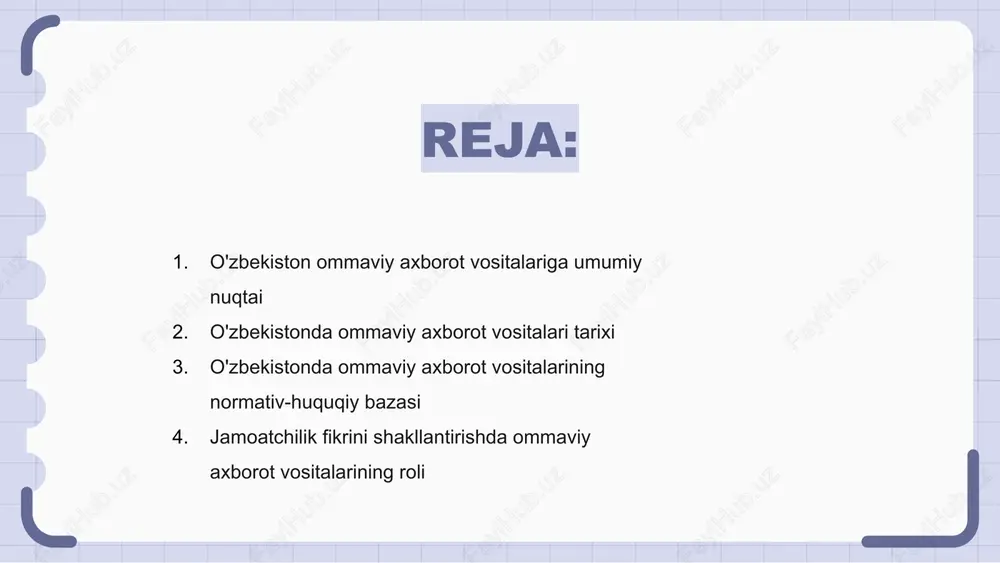 rot vositalari jamoatchilik fikrini shakllantirish va axborot oqimini osonlashtirishda hal qiluvchi rol o‘ynaydi. o‘zbekistonda ommaviy axborot vositalariga oid me’yoriy-huquqiy baza so‘z erkinligi va mas’uliyatli jurnalistika mutanosibligini ta’minlaydi. ommaviy axborot vositalari huquqlarini himoya qilish va axloqiy me'yorlarni qo'llab-quvvatlashga qaratilgan qonunlar bilan o'zbekistonda ommaviy axborot vositalari sektori rivojlanishda va o'zgaruvchan raqamli landshaftga moslashishda davom etmoqda. jamoatchilik fikrini shakllantirishda ommaviy axborot vositalarining roli o‘zbekiston respublikasida ommaviy axborot vositalari o‘zining turli faoliyati orqali jamoatchilik fikrini shakllantirishda hal qiluvchi o‘rin tutadi. u aholini xabardor qiladi, tarbiyalaydi va ularning dunyoqarashi va munosabatiga ta'sir qiladi. o‘zbekistonda ommaviy axborot vositalari jamiyat muammolarini muhokama qilish, madaniy qadriyatlarni targ‘ib qilish, milliy birlikni mustahkamlash uchun maydon bo‘lib xizmat qilmoqda. u hokimiyatni javobgarlikka tortuvchi va shaffoflikni ta'minlovchi nazoratchi vazifasini bajaradi. ommaviy axborot vositalari o‘zining ko‘p qirrali mazmuni orqali fuqarolarning faolligini oshiradi, fuqarolarga demokratik jarayonlarda ishtirok etish imkoniyatlarini kengaytiradi va o‘zbekistonda jamiyatning turli qatlamlari o‘rtasida muloqotni rivojlantirishga xizmat qiladi. o'zbekistonda ommaviy axborot vositalari …