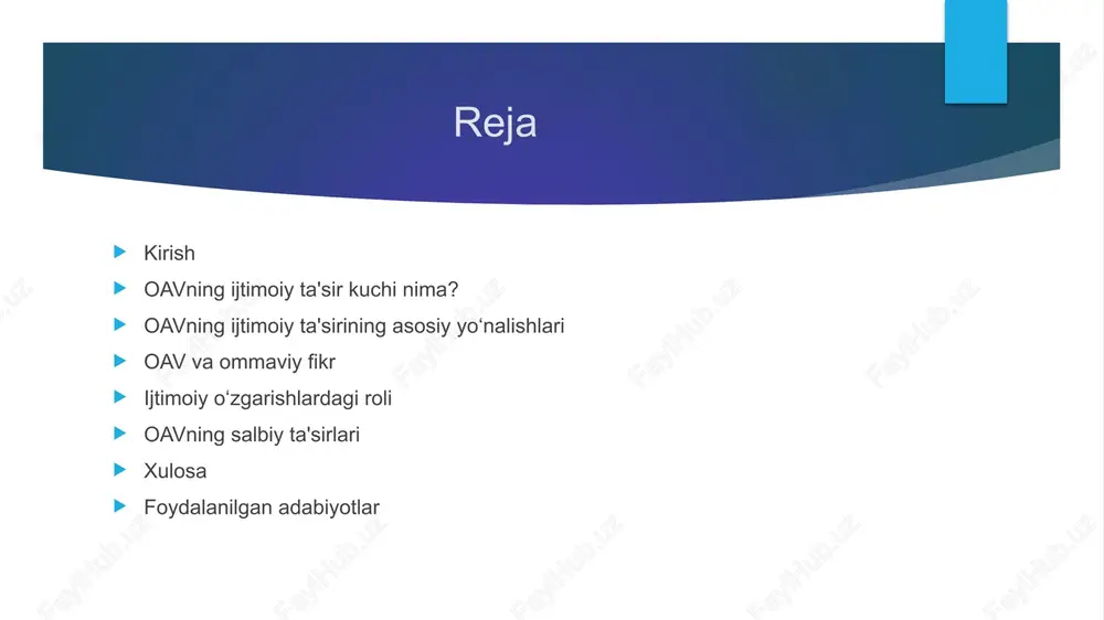 lantirishda muhim rol o‘ynaydi. oav orqali tarqatilgan ma'lumotlar odamlarning fikr-mulohazalariga, qarashlariga ta'sir qiladi. axborotning qanday taqdim etilishi jamiyatdagi qarashlar va munosabatlarni o‘zgartirishi mumkin. ba'zan oavda noto‘g‘ri yoki manipulyatsiyalangan ma'lumotlar tarqalishi jamiyatda tushunmovchiliklar va qarama-qarshiliklarga olib kelishi mumkin. shuning uchun oavdagi axborotni tanqidiy va ongli qabul qilish muhimdir. ijtimoiy o‘zgarishlardagi roli ommaviy axborot vositalari jamiyatdagi ijtimoiy o‘zgarishlarni tezlashtiradi va rag‘batlantiradi. ular muhim ijtimoiy muammolarni yoritib, jamiyat e'tiborini dolzarb masalalarga qaratadi. oav ijtimoiy adolat, huquq va tenglik kabi masalalarni ko‘tarib, o‘zgarishlarga turtki bo‘ladi. odamlarning fikrlarini uyg‘otib, ijtimoiy faollikni oshirishga yordam beradi. shu tariqa, oav jamiyatning rivojlanishida muhim vosita hisoblanadi. oavning salbiy ta'sirlari ba'zan oav noto‘g‘ri yoki manipulyatsiyalangan ma'lumotlarni tarqatishi mumkin. propaganda va manipulyatsiya orqali odamlarning fikrlarini boshqarishga harakat qilinadi. haddan tashqari axborot oqimi odamlarda charchoq va e'tibor pasayishiga olib keladi. yolg‘on yoki buzilgan ma'lumot jamiyatda noto‘g‘ri tushuncha va nizolarga sabab bo‘lishi mumkin. ayrim hollarda oav odamlarni noaniq, asossiz qo‘rquv yoki stressga soladi. …