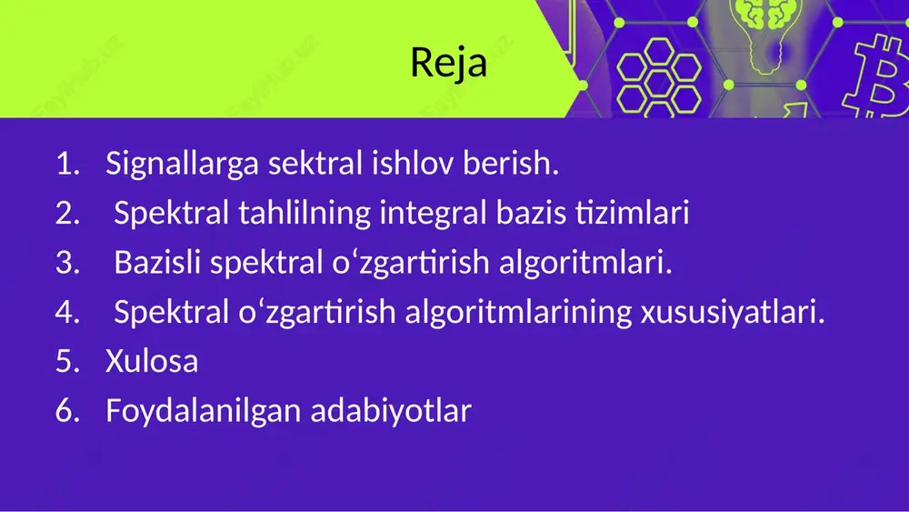 ardan iborat bo'lib, signalni bu funksiyalar kombinatsiyasi orqali ifodalash imkonini beradi. integral bazis tizimlari, asosan, signalni qadamlar ketma-ketligi, ovozni o'qish va tahlil qilish, rasm tahlili va ma'lumotlar omborini ishlashda ishlatiladi. bu tizimlar orasida quyidagi integral bazis tizimlari keltiriladi: fourier tizimi: bu tizimda signal, sin va kosinüs funksiyalarining harmoniklarining summasyasi shaklida ifodalash imkoniyati mavjud. bu tizim, signalni amplituda-frekans spektri bo'yicha ifodalashda ommalashgan. this presentation uses a free template provided by fppt.com www.free-power-point-templates.com walsh-hadamard tizimi: bu tizimda signal, to'plam bo'lgan ortogonal bo'lmagan funksiyalarining (walsh funksiyalari yoki hadamard funksiyalari) tizimi yordamida ifodalash imkoniyati mavjud. bu tizim, signalni binar formasidagi xususiyatlarini tahlil qilish uchun ommalashgan. wavelet tizimi: bu tizimda signal, wavelet funksiyalari orqali ifodalash imkoniyatiga ega. wavelet tahlili, signalning frekans va vaqt spektrlarini birlashtirish imkonini beradi va lokal xususiyatlarni aniqlashda yordam beradi. karhunen-loève tizimi: bu tizim, statistik ma'lumotlar tizimini ishlatib, signalni nisbiy o'rtasini yoki varianciasini yaxshilashda ommalashgan. bu tizim statistik ma'lumotlarning kompaktni hisoblanishida, bir …