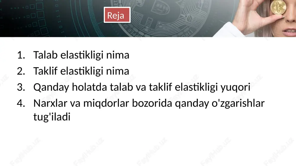 hun alternativlar olib borish va mahsulotni tez o'stirish imkoniyatining yuqori bo'lgan holatlar uchun xarakterikdir. masalan, ko'p iste'molchilarning o'zgartirilgan narxlarga ta'siri kam bo'ladigan xizmatlar uchun taklif elastikligi yuqori bo'ladi. elastik emas (yumoq emas) taklif: bu holatda, mahsulotlar yoki xizmatlar taklifi narxi o'zgarishiga tez va katta miqdorda reaglashadi. bu holat, mahsulotlar uchun engqisqa muddatli taklifning mavjud bo'lgan holatlar uchun xarakterikdir. masalan, ozroq vaqt talab qiladigan mahsulotlar, bazi dastlabki investitsiya qo'shimchasini kiritadigan kasblar uchun taklif elastikligi past bo'ladi. this presentation uses a free template provided by fppt.com www.free-power-point-templates.com 5 taklif elastikligi, bozor o'qimlarida mahsulotning yoki xizmatning taklifining narxi o'zgarishi bilan qanday tez va qancha tezlikda o'zgarish ko'rsatishini ifodalovchi bir iqtisodiy ko'rsatkichdir. taklif elastikligi, sotishga qat'iy ta'sir qiladigan boshqalar, masalan, iste'molchilar yoki ko'rsatkichlar, xizmat ko'rsatkichlarining o'zgarishlariga qanday tezlikda va qancha tezlikda javob berishini o'rganish uchun foydalaniladi. taklif elastikligi, mahsulotlarni sotish va narxlarni o'zgartirishda boshqa xarakteristikalar bilan birga qarashga yordam beradi va bozorning qanday o'zgarishlarga …