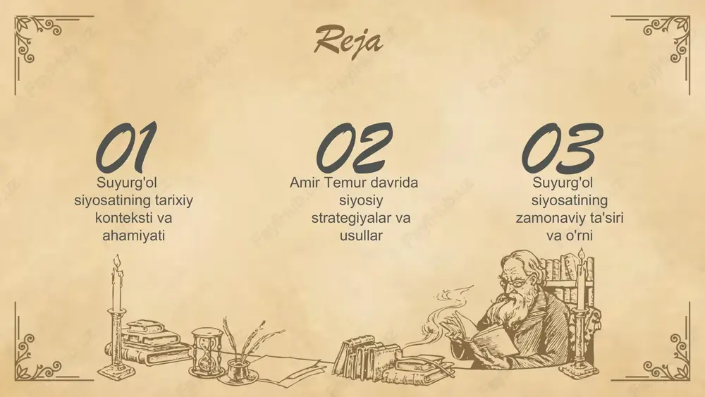 g'ol siyosatining asosiy maqsadi mamlakat ichidagi kuchlar balansini saqlab turish edi. bu, o'z navbatida, davlatning iqtisodiy rivojlanishini va aholi farovonligini oshirishga xizmat qildi. amir temur tomonidan yuritilgan suyurg'ol siyosati, shuningdek, xalqaro aloqalarni mustahkamlashga yordam berdi. bu siyosat orqali mintaqadagi boshqa davlatlar bilan diplomatik munosabatlar o'rnatildi va savdo aloqalari rivojlandi. photo by roman kraft on unsplash 01 02 03 amir temur davridagi ijtimoiy tuzilma amir temur davrida ijtimoiy tuzilma juda murakkab edi. aristokratlar, savdogarlar, dehqonlar va qo'shinlar kabi turli ijtimoiy guruhlar mavjud bo'lib, har birining o'z o'rni va ta'siri bor edi. aristokratlar temur davrida siyosiy qarorlarni qabul qilishda muhim rol o'ynagan. savdogarlar iqtisodiy faoliyatni rivojlantirib, davlatning boyligini oshirishda yordam bergan, dehqonlar esa qishloq xo'jaligi orqali oziq-ovqat ta'minotini ta'minlagan. ushbu ijtimoiy tuzilmalar suyurg'ol siyosatiga bevosita ta'sir ko'rsatgan. ijtimoiy tuzilma amir temurning suyurg'ol siyosatining asosiy tarkibiy qismi bo'lib, har bir ijtimoiy guruh siyosiy strategiyalarni belgilashda o'z hissasini qo'shgan. aristokratlar va harbiy rahbarlar temurning …