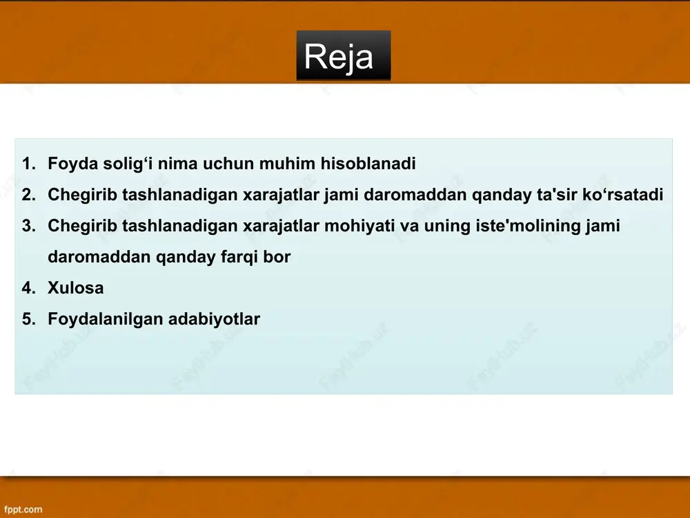 xarajatlar daromadni oshirishga olib keladi. chegirib tashlanadigan xarajatlar jami daromadga quyidagi ta'sirlarni ko'rsatishi mumkin: kafolatlar va daromadni qutqarish: ba'zi chegirib tashlanadigan xarajatlar, masalan, maxfiylik xavfiyati, boshqarish, moliyaviy takliflar, daromadni olish uchun kafolatlar sifatida ham foydalaniladi. bu, daromad ustida o‘zgartirishlarni ko‘rishga va boshqa xarajatlarni qayta ishlash va o‘zgartirishlarni xisoblashga imkon beradi. operatsionayamalni takomillashtirish: ba'zi chegirib tashlanadigan xarajatlar, texnikaviy yoki texnologik yangilanishlar, yangi usullar yoki xizmatlarni taqdim etish uchun qo'llaniladigan yoki kadrlarni o'qitish, moliyaviy kurslar tashkil etish, buyurtmalar yoki buyurtma boshqaruvi jarayonlarini takomillashtirish kabi amaliyotlar uchun sarflangan xarajatlardir. bu jarayonlar daromad ustida moliyaviy ko‘rsatkichlarni oshirishi mumkin. chegirib tashlanadigan xarajatlar, bir kompaniya yoki tashkilotning asosiy faoliyatlarida amalga oshirish uchun sarflangan xarajatlardir. ular, moliyaviy hisob-kitoblarda daromad ustida hisoblanadi. bu xarajatlar, daromadni oshirish uchun sarflangan mablag‘lardir va daromadni kamaytirish uchun xarajatlar hisoblanadi. chegirib tashlanadigan xarajatlar mohiyati va uning iste'molining jami daromaddan qanday farqi bor chegirib tashlanadigan xarajatlar mohiyati kompaniya faoliyatining xilma-xilligi va moliyaviy mablag'larining qayerda …