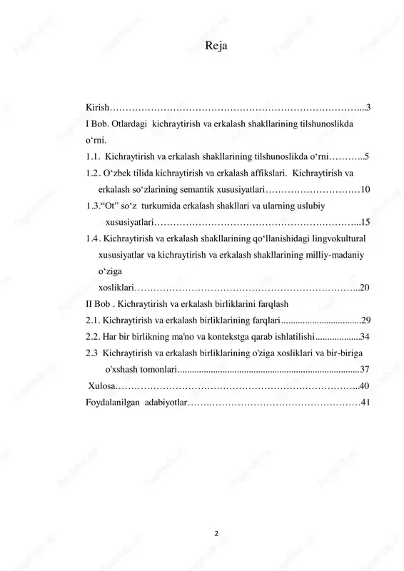 ahmonov, sh.shukurovlarning “o‘zbek tilining tarixiy grammatikasi” o‘quv qo‘llanmasida ham kichraytirish ma’nosida kelganligiga guvoh bo‘lamiz. masalan, beg-u begchɘ va nokar-u sardaro‘ tamam zalim va fasiq edi. bu tarafdan kichraytirish shakli alohida ma’no yuklash xususiyatiga ega, erkalash shakli alohida ma’no yuklash xususiyatiga ega. o‘zbek tilida kichrayratirish va erkalash qo‘shimchalari tarixan shakillanib, u turli davrlarda turli fonetik o‘zgarishlarga uchragan holda, ba'zi shakllarning eskirishi natijasida o‘zbek tilida yasovchilik xususiyatini yo‘qota borganligiga guvoh bo‘lamiz. masalan, o'zbek tilidagi kichraytirish - erkalashshakllari orasidagi ma'noviy farqlar tarixan mavjud bo‘lib, bu holatni qadimgi turkiy til yodnomalar va, shuningdek, keyingi davr tilida ham ko‘rishimiz mumkin. keltirilgan yuqoridagi shakllar sof turkiy tillarga mansub bo‘lib, turkiy tiilarda ham, jumladan, o‘zbek tilida kichratirish-erkalash shakllarining tarixan keng iste'molda bo‘lganligidan dalolat beradi. o‘zbek tilida kichraytirish va erkalash shakllari so‘zlarning ma'nosiga yumshoqroq, samimiyroq yoki do‘stona mazmun qo‘shish uchun qo‘llanadi. bu shakllar ko‘pincha kichkina narsalar yoki yoqimli sifatlarni ifodalash uchun ishlatiladi. kichraytirish va erkalash shakllari ko‘pincha quyidagi …