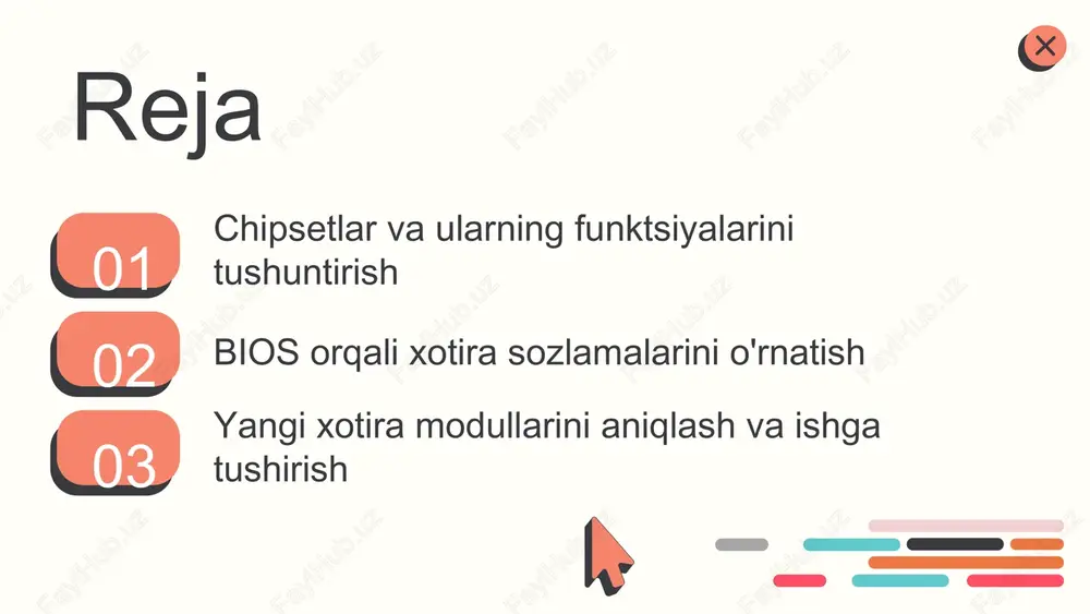 an mukammal mos keladigan qilib yaratilgan, ko'pincha o'yinlar va ko'p vazifali ishlar uchun tavsiya etiladi. 3) biostar va asus kabi boshqa ishlab chiqaruvchilar tomonidan ishlab chiqilgan chipsetlar - bu chipsetlar turli xil xususiyatlar va imkoniyatlarga ega bo'lib, ularda foydalanuvchilarga qulaylik va moslashuvchanlik taqdim etiladi. har bir chipset o'ziga xos funksiyalarini bios orqali boshqarish imkonini beradi, bu esa yangi xotirani o'rnatishda muhim ahamiyatga ega. bu chipsetlar, shuningdek, turli xil bios sozlamalari orqali xotira tezligini va taymerlarni boshqarishga imkon beradi. masalan, intel chipsetlari ko'plab xotira modullarini qo'llab-quvvatlaydi, bu esa yuqori tezlikdagi xotira o'rnatish imkonini beradi. amd chipsetlari esa xotira parametrlarini optimallashtirish uchun keng imkoniyatlar taqdim etadi. chipsetlarning ishlash prinsipi chipsetlar, ona plataning muhim qismlari bo'lib, ma'lumotlarni uzatishda va qayta ishlashda asosiy rol o'ynaydi. ular turli interfeyslar va protokollar orqali ma'lumotlarni xotira va protsessor o'rtasida uzatadi. yangi o'rnatilgan xotira bilan chipsetlar o'rtasidagi aloqa bios orqali boshqariladi. bios, chipsetlarga ma'lumotlarni to'g'ri uzatish uchun kerakli …