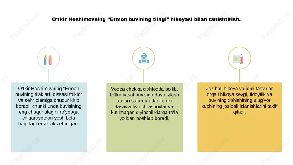 ing ahamiyati istakda buvining fidoyi tabiati ham namoyon bo‘ladi, chunki u oilasi farovonligini o‘z ehtiyojlaridan ustun qo‘yadi. bu uning yaqinlari uchun qilgan qurbonliklarini eslatib turadi. o‘tkir hoshimovning “ermon buvining tilaklari” hikoyasida buvi tilaklarining ahamiyati markaziy mavzuni tashkil etadi. istak buvining oilasi uchun yaxshi kelajakka bo'lgan kuchli istagini anglatadi. qolaversa, buvining tilagining ahamiyati umid va qiyinchiliklarga qarshi kurashda qat'iyat kuchini ta'kidlaydi. bu qahramonlarni sabr-toqat va yaxshi kelajak sari intilishga ilhomlantiradi. 1 2 3 hikoyada oila mavzusini o'rganish o‘tkir hoshimovning “ermon buvining tilagi” qissasi qahramonlar kechinmalari orqali oila mavzusini ochib beradi. hikoya oilaviy munosabatlar dinamikasini va merosning shaxsning o'ziga xosligiga ta'sirini o'rganadi. hikoya oila a'zolarini bir-biriga bog'laydigan hissiy aloqalar va an'analarning doimiy ahamiyati haqida tushuncha beradi. shuningdek, shaxsiy qadriyatlar va intilishlarni shakllantirishda oilaning o‘rni haqida o‘ylantiradigan savollar tug‘iladi. muallif o'tkir hikoyalar orqali oila mavzularining universal dolzarbligini ta'kidlab, o'quvchilarda hamdardlik va tushunishni uyg'otadi. hikoyada oila dinamikasining murakkab tasviri oilaviy rishtalarning murakkabligi va chuqur …