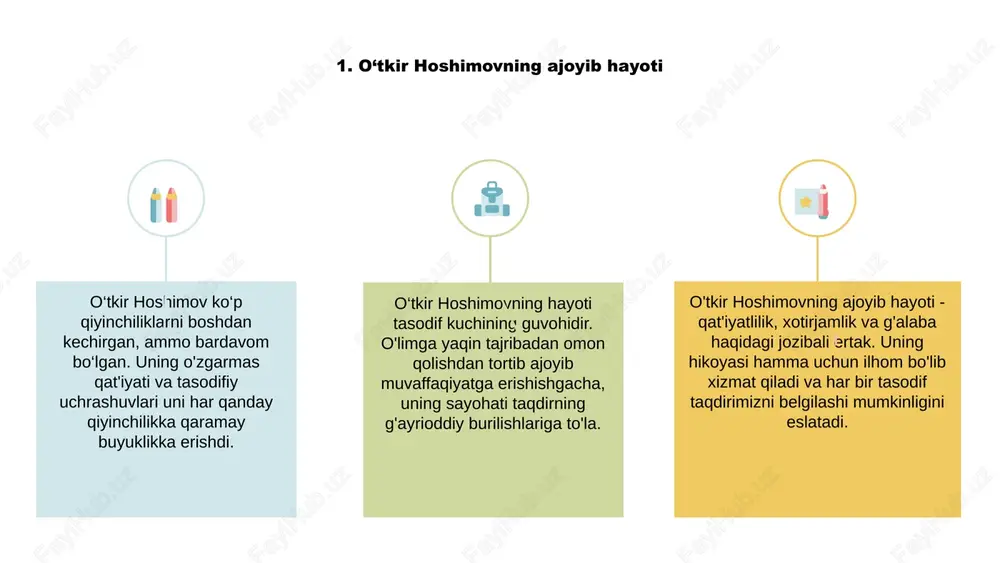 avqulodda oqibatlarga olib kelishini hayratda qoldiradigan eslatma. bu hayotning oldindan aytib bo'lmaydigan tabiati haqida kuchli eslatma bo'lib xizmat qiladi. 4. “o‘tkir hoshimov sayohati”dagi imkoniyat kuchi o‘tkir hoshimovning sayohati tasodifning kuchidan dalolatdir. uning hayoti kutilmagan tasodiflar tufayli shakllangan, bu esa uni o'ziga xos yo'llarga olib kelgan. tasodifiy uchrashuvlardan tortib, tasodifiy voqealargacha hoshimovning hikoyasi hayotning oldindan aytib bo‘lmaydiganligini eslatadi. uning tajribalari kutilmagan narsalarni qabul qilishning o'zgaruvchan salohiyatini namoyish etadi. oxir oqibat, hoshimovning sayohati bizni tasodifning hayotimizni shakllantirishdagi ta'sirini qadrlashga va taqdirning kutilmagan burilishlari natijasida yuzaga keladigan imkoniyatlarga ochiq qolishga o'rgatadi. 1 2 3 5. taqdir yoki tasodif: o‘tkir hoshimov hikoyasini ochish o‘tkir hoshimovning aql bovar qilmaydigan hikoyasi taqdir va tasodif mavzulari atrofida aylanadi. uning hayotiy tajribalari taqdirning sirli yo'llarini ko'rsatishi mumkinligidan dalolat beradi. o‘tkirning sayohatini shakllantirgan tasodifiy lahzalar va tasodifiy uchrashuvlar sizni hayratda qoldiradi. taqdir va tasodif o'rtasidagi chegara xiralashib, taqdirning qo'lini farqlashni qiyinlashtiradi. o‘tkir hoshimov hikoyasini chuqur o‘rganar ekansiz, azaliy savol …