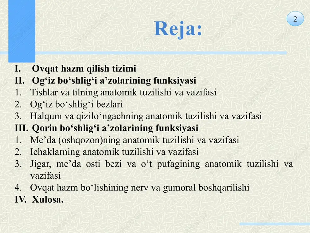 tish va uchtasi katta oziq tishlardir. doimiy tishlarning 28 tasi 12-14 yoshgacha chiqadi. 4 tasi, ya'ni yuqori va pastki jag'lardagi oxirgi katta oziq tishlar (aql tishlar) 18 yoshdan keyin chiqadi. 9 tish uch qismdan iborat: tish toji (koronka), bo'yni va ildizi. tishning ko'rinib turgan tashqi qismi koronka deb atalib, u oq emal moddasi bilan qoplangan. bu modda tishga qattiqlik xususiyatini beradi. tishning milk bilan birikkan joyi uning bo'yin qismi deb ataladi. tishning ildiz qismi jag' suyaklariga birikkan bo'ladi. tishning ichki qismida bo'shliq bo'lib, u yerda qon tomirlari va nerv tolalari joylashgan. 19 og‘iz bo‘shlig‘i bezlariga (glandulae oris) naychalari og‘iz bo‘shlig‘iga ochiladigan katta va kichik so‘lak bezlari kiradi. kichik so‘lak bezlari og‘iz bo‘shlig‘i shilliq pardasida yoki shilliq osti asosida joylashib kattaligi 1-5 mm bo‘ladi. joylashgan joyiga qarab lab bezlari (glandulae labiales), lunj bezlari (glandulae buccales), tanglay bezlari (glandulae palatinae) va til bezlari (glandulae linguales) tafovut qilinadi. ishlab chiqargan suyuqligi tarkibiga qarab …