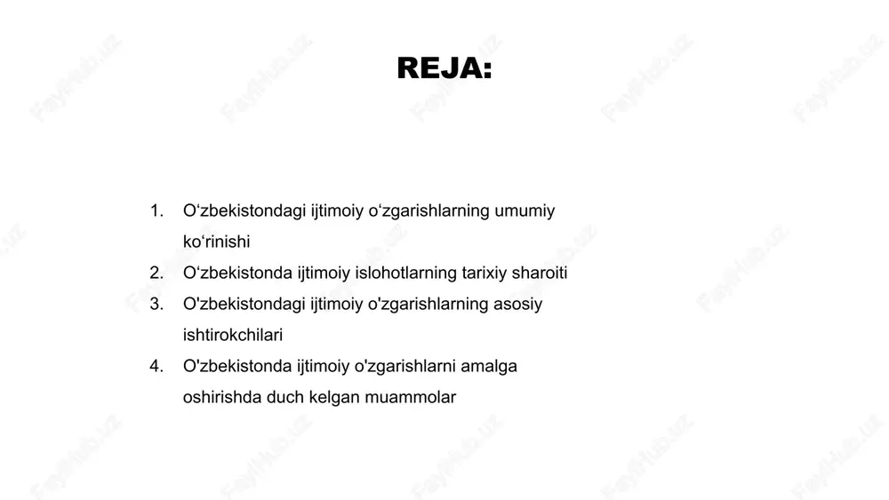 rni shakllantirish, muammolarni hal qilish va inklyuzivlikni rag'batlantirishda hal qiluvchi rol o'ynaydi. turli manfaatdor tomonlar o‘rtasidagi hamkorlik, innovatsion yondashuvlar va ilg‘or siyosat o‘zbekistondagi ijtimoiy o‘zgarishlarning asosiy omili hisoblanadi. o'zbekistonda ijtimoiy o'zgarishlarni amalga oshirishda duch kelgan muammolar venus is the second planet from the sun mercury is the closest planet to the sun jupiter is the biggest planet of them all 1 2 3 o'zbekistondagi ijtimoiy tashabbuslarning muvaffaqiyatlari o‘zbekistonda ijtimoiy sohada ijobiy ta’sir ko‘rsatgan innovatsion ijtimoiy tashabbuslarga e’tibor qaratilib, sezilarli o‘zgarishlar ro‘y berdi. muvaffaqiyatli voqealar ijtimoiy xizmatlar va farovonlik dasturlari o'zgarishini ta'kidlaydi, bu esa fuqarolarning hayot sifatini yaxshilashga olib keladi. bu tashabbuslar jamiyatda faollik va hamkorlik madaniyatini oshirib, o‘zbekistonda porloq kelajakka yo‘l ochdi. o'zbekistonda ijtimoiy landshaftni o'zgartiruvchi hukumat siyosati o‘zbekistonda hukumat ijtimoiy sohani isloh qilish siyosatini amalga oshirib, mamlakat ijtimoiy landshaftida jiddiy o‘zgarishlarga olib keldi. ushbu siyosatlar ijtimoiy farovonlikni yaxshilash, ta'lim va sog'liqni saqlash tizimlarini yaxshilash, fuqarolar o'rtasida tenglik va inklyuzivlikni …