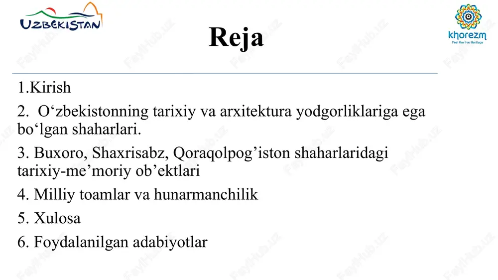 deb tilga olinib o’tilgan. bu arabcha so’z bo’lib mag’rur, faxrli, iftixorga loyiq, buyuk ma’nosida keladi. ayrim tadqiqotchilarning faraz qilishicha, buxoro nomi mintaqaning eng asosiy buddaviylik ibodotxonasi “vixara” yoki ana shu “vixara”ning turkiycha transkripsiyasi bo’lmish “buxoro” (ibodatxona) so’zidan kelib chiqqan. biroq buddaviylik va moniylik (monaviylik) diniy ta’limotlariga oid asori atiqalar shahar hududida ham, umuman buxoro vohasida ham hanuzgacha topilmagan. ark (xi asr); bolo-hovuz majmuasi (xviii asr); ismoil somoniy maqbarasi (ix asr); chashmai-ayub (1380 y.); abdullaxon madrasasi (1596 y.); modari-xon madrasasi (1556 y.); masjidi baland (xvi asr); gavkushon majmuasi (xvi asr); zayniddin xoji xonaqosi (1555 y.); poyi kalon majmuasi (xii asr); labi hovuz majmuasi (xvi asr); ko‘kaldosh madrasasi (1568 y.); nodir devonbegi xonaqosi (1622-1623 y.); ulug‘bek madrasasi (1417 y.); 15. abdulazizxon madrasasi (1652 y.); 16. bolohovuz masjidi (1712 y.); 17. sayfiddin boharziy maqbarasi (xiii asr); 18. bayonqulixon maqbarasi (xiv asr); 19. namozgoh masjidi (xii asr); 20. fayzobod xonaqosi (1598 y.); 21. chorminor …