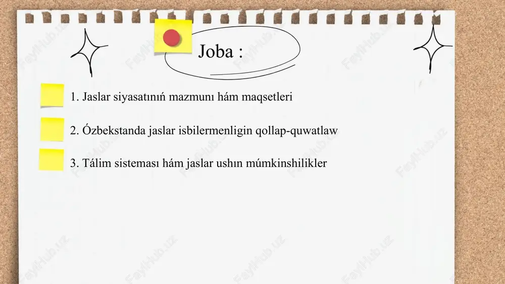 , 30 jasqa deyingi isbilermenlerge arnawlı salıq jeńillikleri beriledi. 2023-jıl dawamında jaslar qatnasıwında 1000 den artıq jańa kárxanalar dúzildi. bul sharalar jaslar isbilermenligin jáne de rawajlandırıwǵa úles qosıp atır. ... t.me/slaydai_bot ózbekstanda tálim sisteması 11 jıllıq orta bilim beriw, professional tálim hám joqarı tálim basqıshlarınan shólkemlesken. 2021-jıl maǵlıwmatlarına kóre, mámlekette 10 mińnen aslam mektepler, 50 ge jaqın mámleket hám menshikli universitetler, sonıń menen birge, bir qatar kolledjler hám texnikumlar xızmet kórsetip atır. joqarı tálim mákemelerinde 300 mińnen aslam student tálim aladı. jaslar ushın múmkinshilikler retinde mámleket stipendiyalari, xalıq aralıq almaslaw programmaları hám onlayn tálim platformalari bar. 2022-jılda 20 mińnen aslam jaslar xalıq aralıq imtixanlarǵa tayarlanıw ushın biypul kurslarda qatnasdı. ózbekstanda jetkinshek ushın cifrlı hám texnikalıq bilimlerdi keńeytiw maqsetinde " one million uzbek coders" programması ámelge asırılıp atır, ol jaǵdayda 400 mıńnan zıyat kisi qatnastı. ... t.me/slaydai_bot 4. jaslar arasında innovciyalıq ideyalardı en jaydiriw jaslar arasında innovciyalıq ideyalardı en jaydiriw kóplegen …