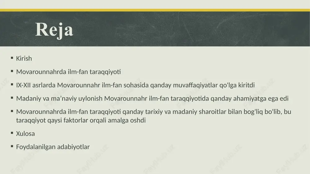 ri saviyadagi ilm-fan taraqqiyoti bo'lgan. buyuk tibb olimi avitsenna (ibn sino) movarounnahrda yashagan va uning asarlari jahon tibbiyoti tarixida muhim ahamiyatga ega. kimyo sohasida ham movarounnahr ilmiy shaxslarining hissasi va rivojlanishi ko'p bo'lgan. adabiyot va falsafa: movarounnahrda adabiyot va falsafiy nazariyalar keng ko'rinishga ega bo'lgan. bu davrda shoir-odoblarning faoliyati, falsafiy maqolalar yozish, tarixiy qissalar va ma'ruzalar qo'llash, falsafa fanining rivojlanishida katta ahamiyatga ega bo'lgan. madaniy va ma'naviy uy: movarounnahrda madaniy va ma'naviy uyoni juda kuchli bo'lgan. bu davrda madaniy va ma'naviy tarbiya, adabiyot, musiqa, san'at, arxitektura va diniy ma'rifatning rivojlanishi ko'p bo'lgan. bunyodkor shahri, samarqand, buhoro, xiva kabi shaharlar madaniy merosi va ilmiy markazlar bo'lib, bu erlarda yuqori darajada ma'naviy, ilmiy va madaniy mafkuralar o'tkazilgan. movarounnahrda ilm-fan sohasidagi taraqqiyotning eng katta muhitlari o'rtacha va uning dastlabki an'anaviy bilimlarini o'z ichiga olgan. matematika, astronomiya, falsafa, tibbiyot, kimyo, adabiyot, madaniyat va diniy fanlar bu davrda rivojlangan. misollar uchun, movarounnahr ilmiy tarixda al-khorazmiy …