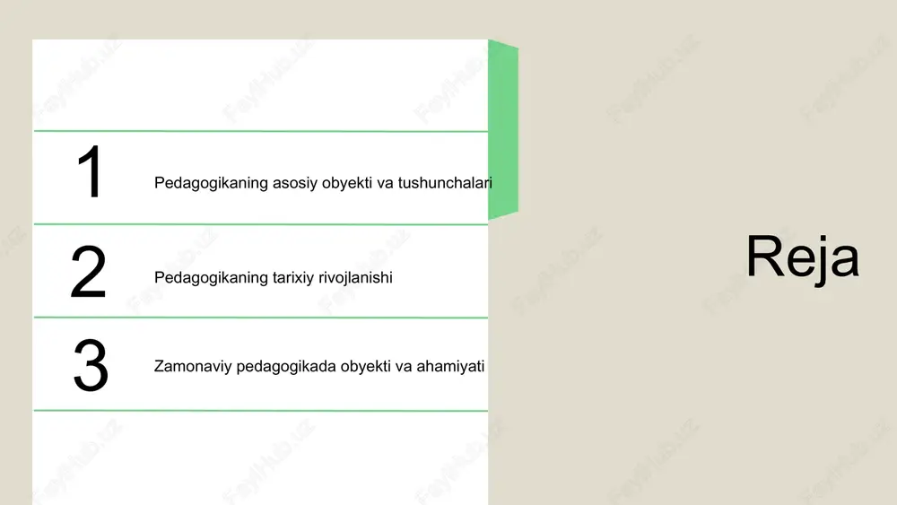 aloqada. o'quv dasturi o'quvchilarning bilimini shakllantiradi, metodlar esa bu bilimlarni qanday etkazish kerakligini belgilaydi. texnologiyalar esa ta'lim jarayonida samaradorlikni oshirishga xizmat qiladi, bu elementlarning har biri pedagogik obyekti, ya'ni o'quvchi, o'qituvchi va o'qitish jarayonini yaxshilashga qaratilgan. pedagogik obyekti va psixologiya pedagogik obyekti va psixologiya o'rtasidagi bog'liqlik ta'lim jarayonini samarali tashkil etishda muhim ahamiyatga ega. pedagogik obyekti, ya'ni o'quv jarayoni, o'quvchilarning psixologik xususiyatlari bilan bevosita bog'liqdir. o'quvchilarning intellektual va emosional holati, ularning motivatsiyasi, o'rganish uslublari va ijtimoiy munosabatlari ta'lim jarayoniga ta'sir ko'rsatadi. o'quvchilarning psixologik xususiyatlari ta'lim jarayonida quyidagilarni o'z ichiga oladi: - motivatsiya: o'quvchilarni o'qishga undovchi asosiy omil. - o'rganish uslublari: har bir o'quvchining individual o'rganish usuli. - emosional holat: o'quv jarayonida hissiy tajribalar va ularning ta'siri. o'quvchilarning psixologik xususiyatlari ta'lim natijalarini belgilaydi va pedagogik strategiyalarni shakllantirishda asosiy rol o'ynaydi. pedagogik obyekti va madaniyat pedagogik obyekti va madaniyat o'rtasidagi aloqalar. pedagogik obyekti ta'lim jarayonida markaziy ahamiyatga ega bo'lib, o'quv jarayonining asosiy …