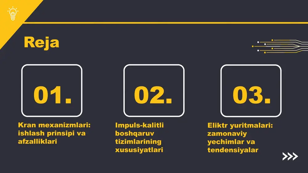 uddatli foydalanish, bu mexanizmlarda nosozliklar va muammolarni kamaytiradi. - foydalanuvchi uchun qulayliklar, operatsion jarayonlarni soddalashtiradi va ish samaradorligini oshiradi. photo by lukas bato on unsplash kran mexanizmlarining qo'llanilishi - kran mexanizmlari qurilish va transport sohalarida keng qo'llaniladi. - ular yuk ko'tarish, materiallarni joylashtirish va tashish jarayonlarini osonlashtiradi. - misollar: o'zgaruvchan yuk ko'taruvchi kranlar, mobil kranlar va stasionar kranlar. - kelajakda avtomatlashtirilgan kran tizimlari va iot texnologiyalari orqali yanada samaraliroq ishlash imkoniyatlari ko'zda tutilmoqda. photo by andrea de santis on unsplash innovatsion yechimlar tezkor moslashuv texnologik rivojlanish raqobatning oshishi kran mexanizmlarida innovatsion yechimlar energiya samaradorligini oshiradi va ish jarayonlarini tezlashtiradi. kran mexanizmlari tezkor moslashuvga muhtoj bo'lishi mumkin, chunki yangi texnologiyalar talab qilinadi. texnologik rivojlanish kran mexanizmlari uchun yangi imkoniyatlar yaratadi, masalan, avtomatlashtirish va raqamli boshqaruv. raqobatning oshishi brendlar orasida sifat va narx bo'yicha yanada kuchli raqobatni keltirib chiqaradi. s w o t impuls-kalitli boshqaruv tizimlari: kirish impuls-kalitli boshqaruv tizimlari, energiya samaradorligini …