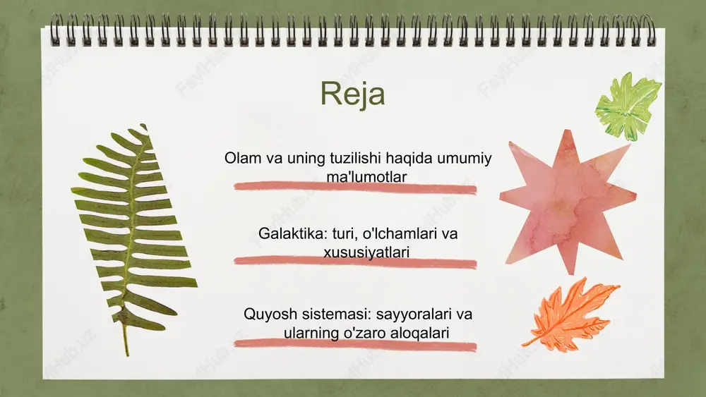dan paydo bo'ladi. ular o'z ichida yadro reaktsiyalari boshlanishi bilan hayot tsiklini boshlaydi. yulduzlar, tug'ilishidan to o'limigacha, bir nechta bosqichlardan o'tadi: yulduzning yoshi, massasi va kimyoviy tarkibiga qarab, u turli xil hayot sikllarini o'tadi. masalan, quyosh kabi o'rta kattalikdagi yulduzlar, hayoti oxirida qizil gigantga aylanadi va keyin oq novda bo'lib qoladi. photo by gaetano cessati on unsplash photo by henry perks on unsplash / quyosh sistemasining tuzilishi quyosh sistemasida quyosh markaziy rolda bo'lib, uning atrofida sayyoralar, asteroidlar va kometalar aylanadi. ushbu jismlar o'rtasidagi munosabatlar gravitatsiya ta'siri orqali namoyon bo'ladi, bu esa harakat va orbitalarini belgilaydi. sayyoralar quyoshga yaqinliklariga qarab, turli xususiyatlarga va muhitlarga ega. quyosh (markaziy yulduz) sayyoralar, asteroidlar va kometalar photo by markus spiske on unsplash photo by polina kuzovkova on unsplash olamning kengayishi olamning kengayishi, kosmosning doimiy ravishda kengayishi jarayonidir. bu hodisa, kosmik tayanch nuqtalari orasidagi masofalar ortishi bilan ifodalanadi. olamning kengayishi, uning evolyutsiyasi bilan bevosita bog‘liq bo‘lib, …