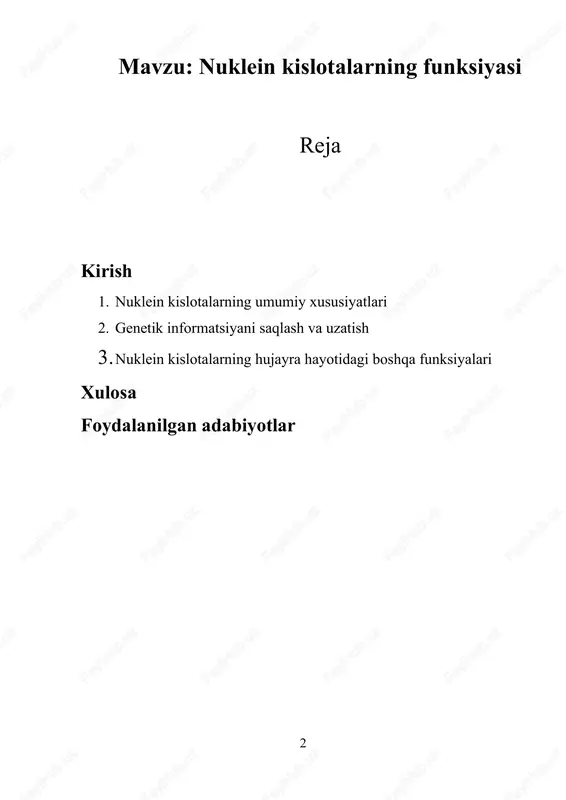 omal rnk) ular orasida eng mashhurlari hisoblanadi. har bir turi o‘z vazifasiga ega va dnkda saqlangan genetik ma’lumotni oqsillarni sintez qilish jarayoniga yetkazib beradi. nukleotid tarkibi va tuzilishi har bir nuklein kislota kichik birliklardan – nukleotidlardan tashkil topgan. har bir nukleotid uch asosiy qismdan iborat: · azotli asos: bu nuklein kislotalarda mavjud bo‘lgan to‘rt xil azotli asosdan iborat. dnkda ular adenin (a), timin (t), sitozin (c), va guanin (g) bo‘lsa, rnkda timin o‘rniga urasil (u) mavjud. · shakar: dnkda dezoksiriboz shakar mavjud bo‘lib, bu uning "dezoksiribonuklein kislota" deb atalishiga sababdir. rnkda esa riboz shakar mavjud. · fosfat guruhi: fosfat guruhi nukleotidlarni bir-biriga ulanib zanjir hosil qilishida ishtirok etadi. fosfat-guruhlar orasidagi bog‘lanishlar polinukleotid zanjirni hosil qiladi. zanjir tuzilishi va bog‘lanishlar · dnkning ikki zanjirli spiral shakli: dnk ikki zanjirli spiral shaklida bo‘lib, bu shakl "ikki spiral" deb nomlanadi. har bir zanjirdagi nukleotidlar bir-biriga vodorod bog‘lari orqali ulanadi, bu esa dnkning barqaror …