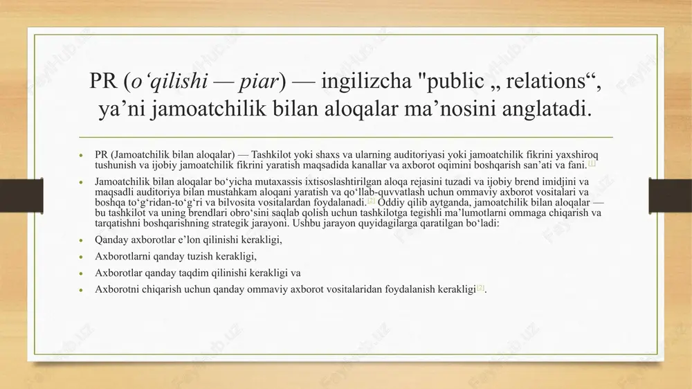 muloqot qilishning ahamiyatiga eʼtibor qaratib, „ptah-xotepning maksimlari“ kitobini yozgan.[4] miloddan avvalgi 50-yilda yuliy sezar oʻzining harbiy gʻalabalarini birinchi boʻlib siyosiy kampaniya biografiyasida eʼlon qilib, rimliklarning jamoatchilik fikrini u eng yaxshi davlat boshligʻi boʻlishi mumkinligiga ishontirdi — bu amaliyot bugungi kunda ham siyosiy nomzodlar tomonidan ommaviy axborot vositalarida qoʻllaniladi.. ushbu hujjat birinchi ommaviy axborot byulleteni sifatida qabul qilinadi.[4] miloddan avvalgi 390-yillarda avliyo avgustinning imperator saroyida qilgan vazifasini biz bugungi kunda jamoatchilik bilan aloqalar boʻyicha direktor qiladigan vazifalarga taqqoslashimiz mumkin. u cherkovga foyda keltirishi uchun imperatorga va jamoatga muntazam ravishda murojaatlar yoʻllagan. avliyo avgustinning bu faoliyati hozirgi matbuot anjumanini eslatadi.[3] pr dastlab sotsiologiya va ommaviy psixologiya orqali jamoatchilik fikrini boshqarish va manipulyatsiya qilish usuli boʻlib xizmat qilgan. dastlab, pr baʼzan propagandaning asosiy shakli boʻlgani uchun tanqid qilingan. bosma matbuot davrida pr bosmaxona ixtiro qilingandan keyin tashviqotlar juda keng tarqala boshladi. bu taniqli shaxslarga axborotni ommaga tarqatish va ularga maʼlum bir nuqtai nazardan …
