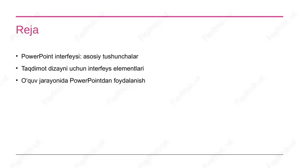 va e'tiborni ushlab turadi. darslarda powerpoint interfeysidan samarali foydalanish usullari. 1 taqdimot maqsadi - darslarda powerpoint interfeysidan foydalanishdan oldin, taqdimotning maqsadini aniqlash muhimdir. bu o'quvchilarga aniq va maqsadli taqdimot yaratishga yordam beradi. 2 interfeysni o'rganish - o'qituvchilar powerpoint interfeysining asosiy komponentlarini o'rganishlari kerak. asosiy elementlar, masalan, slaydlar, asboblar paneli va menyularni tushunish, samaradorlikni oshiradi. 3 interaktiv elementlar - darslarda interaktiv elementlarni, masalan, so’rovlar va video manbalarni qo’shish, o’quvchilarning jalb qilishini oshirib, taqdimotning samaradorligini yanada kuchaytiradi. interfeys dizayni va taqdimotlar sifatini oshirish strategiyalari. interfeys dizayni taqdimotlar sifatini oshirishda muhim rol o'ynaydi. yaxshi tuzilgan interfeys foydalanuvchilarga qulaylik yaratadi va diqqatni jamlashga yordam beradi. o'zbekiston va xalqaro akademiyada taklif etilayotgan zamonaviy dizaynlar, taqdimot jarayonini yengillashtiradi va samaradorligini oshiradi. - interfeysning soddaligi - ranglar va shriftlar uyg'unligi - vizual elementlarning o'rinli qo'llanilishi photo by erika fletcher on unsplash powerpoint interfeysi: o'qituvchilar va talabalar uchun imkoniyatlar. 01 o'qituvchilar uchun imkoniyatlar powerpoint o'qituvchilar uchun interaktiv darslar …