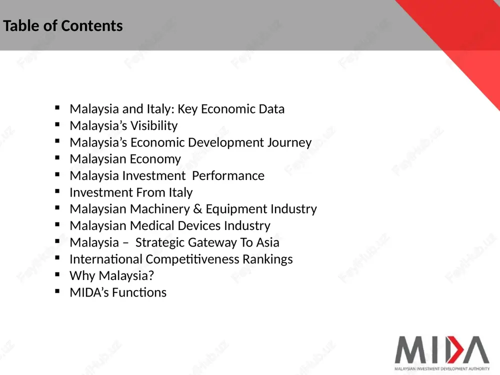 epartment of statistics malaysia/matrade * as at 29th march 2013 2010 2011 2012 real gdp (%) growth 7.2 5.1 5.6 inflation (%) 1.7 3.2 1.2 gni per capita (usd) 8,100 9,700 9,970 unemployment (%) 3.3 3.1 3.3 international reserves (usd bil) 106.5 138.3 139.7* retained imports equivalent (months) 8.5 9.6 9.7* gdp by industrial origin source : economic reports/bank negara annual report, malaysia 11/12 sector gdp contribution (%) 1970 1990 2000 2010 2011 2012 agriculture 33.6 19.3 8.8 7.3 7.3 7.3 mining 7.2 9.8 6.7 7.0 6.3 8.4 construction 3.8 3.4 3.4 3.3 3.2 3.3 manufacturing 12.8 26.5 32.6 27.6 27.5 24.9 services 42.6 42.1 53.0 57.7 58.6 54.5 malaysia investment performance 10 total investment approved 2012 usd 53.1 billion 182,841 jobs 6,442 projects total investment approved by sectors in 2012 usd 53.1 billion manufacturing 25.2% primary 2.4% services 72.4% no. country investment (usd billion) 1. japan 22.0 2. usa …