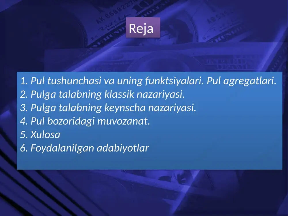 ziy bankdagi rezervlari; m1 = m0 + muddatsiz depozitlar, yo`l cheklari va boshkalar; m2 =m1 + (mikdori va muddati cheklangan) muddatli depozitlar va boshkalar ; m3 = m2+(mikdori va muddati cheklanmagan) muddatli depozitlar va boshkalar”* makroiktisodiy taxlilda m1 va m2 pul agregatlari eng ko`p foydalaniladi. pul agregatlarining dinamikasi turli sabablarga boglik. masalan, daromadlarning oshishi natijasida m1ga talab tezrok o`ssa, foiz stavkasining o`sishi natijasida m2 va m3ga talab m1ga nisbatan tezrok o`sadi. * saidova g., shadibaev t. makroekonomika t., ipak «shark» 2003, 34 s.. 5 pulga talabning klassik nazariyasi. pulning mikdoriy nazariyasi pulga bo`lgan talabni almashinuv tenglamasi yordamida aniklaydi: m · v = p · y bu erda: m – muomaladagi pul mikdori; v – pulning aylanish tezligi; p – baxolar darajasi (baxo indeksi); y – real yaim. pulning aylanish tezligi, iktisodiyotda bitimlar tarkibi nisbatan barkaror bo`lganligi uchun xam doimiy kattalik deb kabul kilinadi. ammo bank tizimiga xisob-kitoblarni tezlashtiruvchi texnik vositalar …