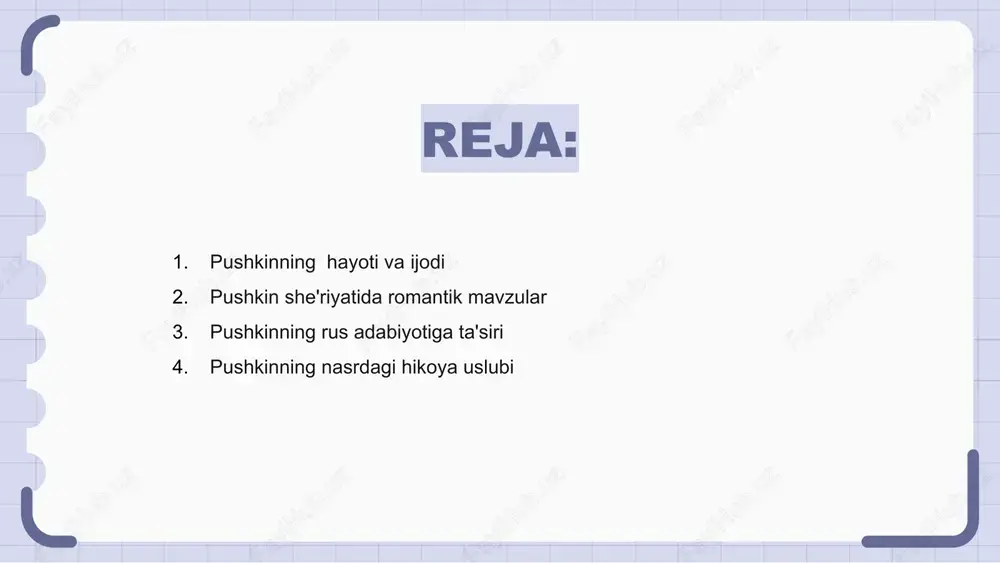 kinning nasrdagi hikoya uslubi pushkin asarlari nasrdagi o‘ziga xos bayon uslubini namoyon etadi, u o‘zining nafisligi va teranligi bilan o‘quvchilarni maftun etadi. uning murakkab personajlar va murakkab syujetlarni birlashtira olish qobiliyati haqiqatdan ham hayratlanarli. pushkin jonli ta’riflar va boy til yordamida o‘z hikoyalarini jonlantiradi, o‘quvchilarni boshqa olamga olib boradi. pushkin pyesalari merosi pushkin pyesalari uning adabiy merosining muhim qismi edi. ular uning badiiy serqirraligini va insoniy holatni chuqur anglashini namoyish etdilar. pushkin pyesalari o'zining ajoyib xarakter rivojlanishi va o'ziga xos hikoya uslubi bilan mashhur edi. uning sevgi, kuch va axloq kabi mavzularni o'rganishi bugungi kungacha dolzarbligicha qolmoqda. pushkinning rus adabiyotiga ko‘rsatgan ta’sirini ortiqcha baholab bo‘lmaydi, uning pyesalari uning abadiy dahosining guvohi bo‘lib xizmat qiladi. pushkin asarlariga siyosiy ta'sirlar aleksandr pushkin ijodiga oʻz davrining siyosiy muhiti, xususan, podsho nikolay i hukmronligi davridagi siyosiy muhit katta taʼsir koʻrsatgan. pushkinning avtokratiya va erkinlik haqidagi shaxsiy eʼtiqodlari uning asarlarida, jumladan, “yevgeniy onegin” va “bronza …
