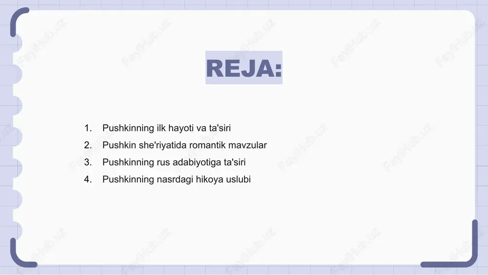 hirog‘i bo‘lib qoladi. pushkinning nasrdagi hikoya uslubi pushkin asarlari nasrdagi o‘ziga xos bayon uslubini namoyon etadi, u o‘zining nafisligi va teranligi bilan o‘quvchilarni maftun etadi. uning murakkab personajlar va murakkab syujetlarni birlashtira olish qobiliyati haqiqatdan ham hayratlanarli. pushkin jonli ta’riflar va boy til yordamida o‘z hikoyalarini jonlantiradi, o‘quvchilarni boshqa olamga olib boradi. pushkin pyesalari merosi pushkin pyesalari uning adabiy merosining muhim qismi edi. ular uning badiiy serqirraligini va insoniy holatni chuqur anglashini namoyish etdilar. pushkin pyesalari o'zining ajoyib xarakter rivojlanishi va o'ziga xos hikoya uslubi bilan mashhur edi. uning sevgi, kuch va axloq kabi mavzularni o'rganishi bugungi kungacha dolzarbligicha qolmoqda. pushkinning rus adabiyotiga ko‘rsatgan ta’sirini ortiqcha baholab bo‘lmaydi, uning pyesalari uning abadiy dahosining guvohi bo‘lib xizmat qiladi. pushkin asarlariga siyosiy ta'sirlar aleksandr pushkin ijodiga oʻz davrining siyosiy muhiti, xususan, podsho nikolay i hukmronligi davridagi siyosiy muhit katta taʼsir koʻrsatgan. pushkinning avtokratiya va erkinlik haqidagi shaxsiy eʼtiqodlari uning asarlarida, jumladan, “yevgeniy …
