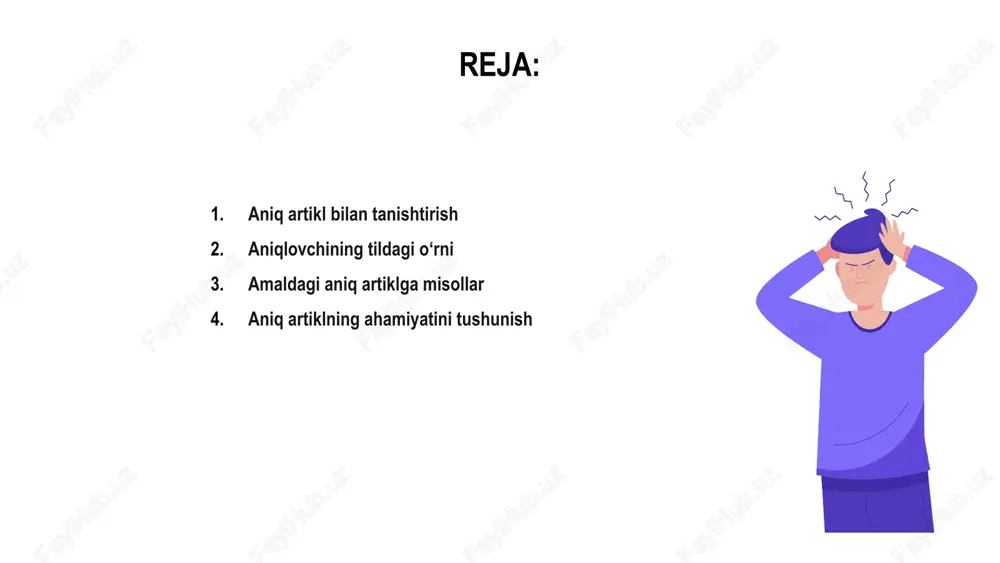 ga yordam beradi. “a” va “a” dan qachon foydalanishni tushunish yozma muloqotda ravshanlik va aniqlikni oshirishi mumkin, bu esa tildan samarali foydalanishga yordam beradi. aniq artiklni o'zlashtirish aniq ma'noni etkazish va tomoshabinlar bilan rezonanslashadigan ta'sirli yozuv yaratish uchun juda muhimdir. aniq artiklni belgilash aniq artikl ingliz grammatikasida hal qiluvchi element hisoblanadi. bu ma'lum bir otni ko'rsatishga va uni boshqalardan farqlashga yordam beradi. "the" dan foydalanib, biz jumladagi ma'lum bir element yoki shaxsni ko'rsatishimiz mumkin. bu aniqroq muloqotga olib keladi va chalkashliklardan qochadi. aniq artiklning qo'llanilishi va ahamiyatini tushunish ingliz tilining nuanslarini tushunish va ma'noni to'g'ri etkazish uchun juda muhimdir. aniq artiklning turli xil qo‘llanilishini o‘rganish aniq artikl jumlada alohida otlarni belgilashga yordam beradigan katta ta'sirga ega bo'lgan kichik so'zdir. aniq bir shaxs yoki ob'ektni ko'rsatishdan tortib, o'ziga xoslikni o'rnatishgacha, aloqada aniq artikl hal qiluvchi rol o'ynaydi. uning turli xil qo'llanishlarini o'rganish tilni bilish va yozma va og'zaki mashg'ulotlarda ravshanlikni oshirishi …