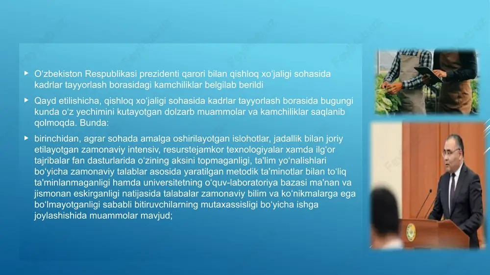 hidan, talabalarning ishlab chiqarish va malakaviy amaliyotlarini qishloq xo‘jaligi ekinlarining agrotexnik tadbirlari mavsumiga moslashtirilmaganligi va samarali tashkil etilmaganligi oqibatida bitiruvchilarning amaliy ko‘nikmalari talab darajasida emas. o‘zbekiston respublikasi prezidentining 2019-yil 23-oktabrdagi “o‘zbekiston respublikasi qishloq xo‘jaligini rivojlantirishning 2020-2030-yillarga mo‘ljallangan strategiyasini tasdiqlash to‘g‘risida”gi pf–5853-son hamda 2022-yil 28-yanvardagi “2022-2026-yillarga mo‘ljallangan yangi o‘zbekistonning taraqqiyot strategiyasi to‘g‘risida”gi pf–60-son farmonlari ijrosini ta’minlash maqsadida: 1. o‘zbekiston respublikasi qishloq xo‘jaligini rivojlantirishning 2020-2030-yillarga mo‘ljallangan strategiyasi doirasida: a) aholining oziq-ovqat xavfsizligini ta’minlash bo‘yicha davlat siyosatini ishlab chiqish va joriy etish yo‘nalishida 2022-yil yakuniga qadar: toshkent va farg‘ona viloyatlarida ummon sultonligining atyab interneyshnl servis (atyab international service) kompaniyasini jalb etgan holda mahsulot yetishtiruvchilar tomonidan oziq-ovqat mahsulotlari xavfsizligi, sifat nazorati, xalqaro tan olingan sertifikatsiya tizimlarini o‘z ichiga olgan, akkreditatsiyadan o‘tgan laboratoriyalar ishga tushiriladi; qishloq xo‘jaligi vazirligi muassisligida qo‘qon oziq-ovqat texnologiyasi va muhandisligi xalqaro instituti tashkil etiladi. mazkur institutga xalqaro ta’lim standartlari darajasidagi xalqaro bozorlarda tan olingan sifat standartlarini (global g.a.p, organic, haccp va …