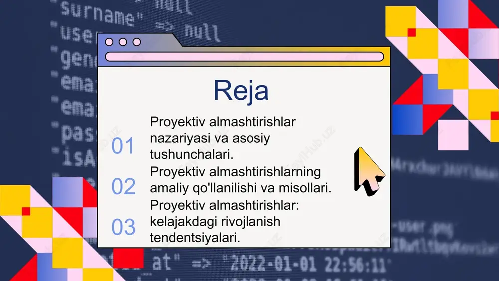 larda tasvirlarni saqlashda ishlatiladi. dinamik proyektiv almashtirishlar bu tur o'zgaruvchan sharoitlar va vaqt davomida amalga oshiriladigan almashtirishlarni o'z ichiga oladi. masalan, multfilmlar va animatsiyalar yaratishda qo'llaniladi. 01 02 03 04 matematik formulalar formulalarning ahamiyati proyektiv almashtirishlar nazariyasi matematik formulalar yordamida tavsiflanadi. ushbu formulalar geometriya va algebraik tizimlar o'rtasida muhim bog'lanishni ta'minlaydi, natijada geometrik ob'ektlarning transformatsiyasi sodir bo'ladi. formulalarning qo'llanishi proyektiv almashtirishlar formulalari ko'plab sohalarda qo'llaniladi, jumladan, kompyuter grafikasida, tasvirni qayta ishlashda va geografik axborot tizimlarida. bu formulalar yordamida ob'ektlarning o'lchamlarini, joylashuvini va shaklini o'zgartirish mumkin. misollar masalan, homotetiyalar, ya'ni ob'ektning o'lchamini o'zgartirish formulasi, proyektiv almashtirishlarda muhim o'rin tutadi. shuningdek, giperbolik va elliptik proyektiv almashtirishlar ham mavjud bo'lib, ularning har biri turli matematik muammolarni hal etish uchun ishlatiladi. 02 01 03 ilova va misollar proyektiv almashtirishlar nazariyasi juda ko'p sohalarda, jumladan, kompyuter grafikasi, geodeziya va tasvirni tahrirlashda qo'llaniladi. masalan, kompyuter grafikalarida uch o'lchovli ob'ektlarni ikki o'lchovli ekranda ko'rsatish uchun proyektiv almashtirishlar …