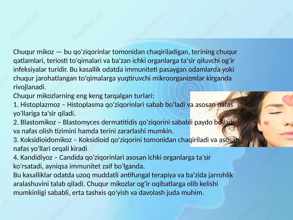 i asosan bu yo'l bilan yuqadi. 3. tana suyuqliklari orqali (kamdan-kam hollarda) immuniteti zaif bo'lgan odamlarda, masalan, oiv bilan kasallanganlarda, chuqur mikozlar qonga yoki ichki organlarga tarqalishi mumkin. biroq, bu holatlar odatda birlamchi infeksiya natijasida sodir bo'ladi va insondan insonga yuqishi odatda kuzatilmaydi. 4. ichki organlar orqali qo'ziqorin sporalari nafas yo'llariga kirgandan so'ng, ular o'pka orqali qon oqimiga tarqalishi va ichki organlarga ta'sir qilishi mumkin (disseminatsiyalangan infektsiya). biroq, bu boshqa odamlarga yuqishi bilan bog'liq emas. kimlarda xavf yuqori? immuniteti zaif odamlar: oiv bilan kasallanganlar, immunosupressiv dorilar qabul qiladiganlar yoki organ ko'chirib o'tkazilganlar yuqori xavf ostida. qishloq xo'jaligi ishchilari va qurilishchilar: tuproq va o'simliklar bilan muntazam aloqa qilishlari tufayli, qo'ziqorin sporalari bilan ifloslangan muhitda bo'lish xavfi yuqori. yashash joyi: ba'zi mikozlar ma'lum geografik hududlar bilan bog'liq. masalan, koksidioidomikoz aqshning janubi-g'arbiy qismida keng tarqalgan. infektsiyaning oldini olish uchun tuproq bilan ishlaganda himoya vositalaridan foydalanish va yuqori xavfli hududlarda ehtiyot choralarini ko'rish muhimdir. …