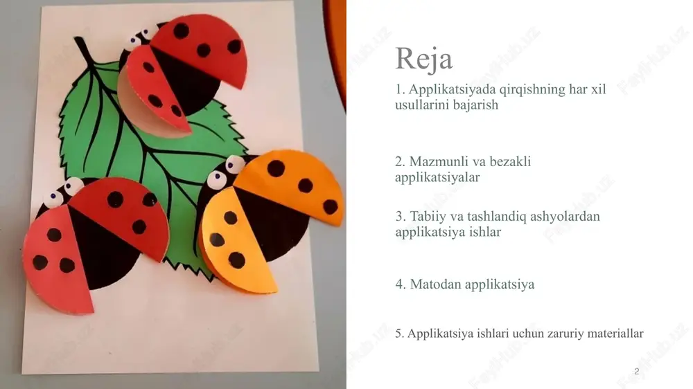 prezentatsii 4 4 applikatsiya ishining ish qurollari -qaychi -yelim -kalka -pichoqcha -chizg’ich -o’chirg’ich -qora qalam -mo’yqalam -kapirovka -flomaster 20gg zagolovok prezentatsii 5 5 20gg 6 6 applikatsiya ishlari oddiydan tortib mazmunli‚ kantli, dekorativ, qo‘lda yirtish orqali mozaika usulida tabiat materiallari (barg, urug‘, danak, piyoz po‘sti, shisha siniqlari tashlandiq simlar va iplar)dan ham bajariladi. applikatsiya qilishda oddiy va murakkab qirqish usulidan foydaniladi. 7 murakkab qirqish usuli qog‘ozni 5–6 qavat qilib buklab turib qirqishga murakkab qirqish usuli deyiladi. bu usulda qirqishda 1 ta shakl 5–6 martaga ko‘payib chiqadi 20gg oddiy qirqish usuli oddiy qirqish usuli bilan yaxlit shakl hosil qilinadi va qirqilgan shakl teng va tekis qirqiladi. rinka zagolovok prezentatsii dekorativ applikatsiya bu naqsh gullardan tashkil topib, alohida-alohida tasvirlar (barg, shox, qo‘ziqorin, qush, mashina, odam, uy va shu kabilar)dan tarkib topuvchi predmetli hodisa, harakatlar uyg‘unligini aks ettiruvchi sujetdan iborat bo‘lishi mumkin. 8 8 9 20gg 10 image1.jpg image2.jpg image3.jpg image4.jpg image5.jpg image6.jpeg …