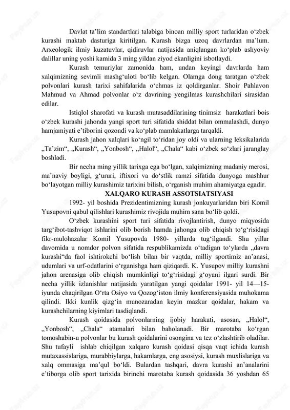 iqardi. k. yusupov milliy kurashni jahon arenasiga olib chiqish mumkinligi to‘g‘risidagi g‘oyani ilgari surdi. bir necha yillik izlanishlar natijasida yaratilgan yangi qoidalar 1991- yil 14—15- iyunda chaqirilgan o‘rta osiyo va qozog‘iston ilmiy konferensiyasida muhokama qilindi. ikki kunlik qizg‘in munozaradan keyin mazkur qoidalar, hakam va kurashchilarning kiyimlari tasdiqlandi. kurash qoidasida polvonlarning ijobiy harakati, asosan, „halol“, „yonbosh“, „chala“ atamalari bilan baholanadi. bir marotaba ko‘rgan tomoshabin-u polvonlar bu kurash qoidalarini osongina va tez o‘zlashtirib oladilar. shu tufayli ishlab chiqilgan xalqaro kurash qoidasi qisqa vaqt ichida kurash mutaxassislariga, murabbiylarga, hakamlarga, eng asosiysi, kurash muxlislariga va xalq ommasiga ma’qul bo‘ldi. bulardan tashqari, davra kurashi an’analarini e’tiborga olib sport tarixida birinchi marotaba kurash qoidasida 36 yoshdan 65 yoshgacha va undan katta yoshdagi polvonlar vazn toifalari kiritildi. bu esa kurashimizning obro‘-e’tiborini juda ham ko‘tarib yubordi. chunki 35—40 dan katta yoshdagi polvonlar kurashdan umidlarini uzgandilar. 1998- yilning 6- sentabr sanasi o‘zbek kurashining tarix sahifalariga olamshumul voqea yuz bergan …
