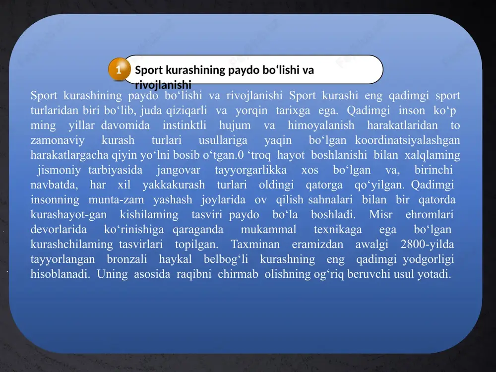 shlaming irodasi hamda xarakterini shakllantirishga katta e’tibor qaratgan. agar bellashuv jarayonida biron-bir kurashchi qo‘-pollik qilsa yoki qoida buzsa,unda hakamlar va tomoshabinlar bu kurashchini “syao szan” deb qoralaganlar. bu so‘z jamiyatning yuqori darajada nafratlanishini anglatadi. hamma davrlar hamda xalqlaming dostonlari kurashning jismo-niy tarbiyaning muhim elementi, jismoniy mashqlaming eng ommabop xalq turlari sifatida keng tarqalganligi to‘g‘risida guvohlik beradi.jismoniy tarbiya va kurashning rivojlanishida qadimgi yunoniston alohida o‘rin tutadi. eramizdan awalgi ix-viii asrlarda qadimgi yunonistonda jismoniy tarbiya tizimi yaratildi va u hozircha o‘z ahamiyatini yo‘qotmagan. maxsus maktablarda tajribali o‘qituvchilar kurash, shuningdek qisqa masofalarga yugurish, uzunlikka sakrash, nayza va disk uloqtirishlardan tashkil topgan dastur bo‘yicha bolalar tayyorgarligiga alohida e’tibor berganlar. shu bilan birga shug‘ullanuvchilar qo‘l jangini olib borish, toshlar uloqtirish malakasini egallab borganlar.qadimgi yunonistondagi kurash texnikasi va uning rivojlanishi to‘g‘risida ko‘p sonli haykallar, amforalar hamdavazalardagi tasvirlar, qadimiy shoirlar asarlari, tarixchilar, faylasuflar - gomer, pindar, platon va boshq. ishlari guvohlik beradi. masalan, gomeming “iliada” sida (eramizdan …