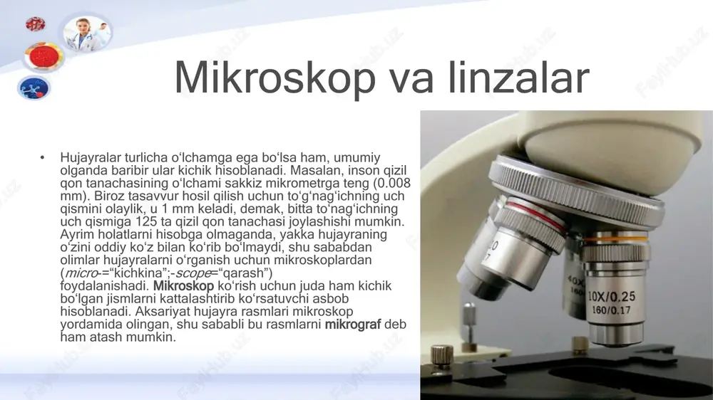 roskoplarda teskari tasvir hosil boʻlmasligi mumkin, chunki ularda tasvirni “oʻz holiga oʻgiruvchi” linza mavjud. yorugʻlik mikroskoplari oʻquvchilar foydalanadigan mikroskoplarning koʻpchiligi yorugʻlik mikroskoplari hisoblanadi. yorugʻlik mikroskopida koʻrinadigan yorugʻlik nurlari namuna (biz kuzatayotgan biologik surtma) orqali oʻtadi va linzalar orqali qaytib, kuzatuvchiga kattalashgan tasvirni koʻrish imkonini beradi. yorugʻlik mikroskopining ahamiyatli jihati shuki, u orqali tirik hujayralar ustida ham kuzatish olib borish mumkin, yaʼni normal hayotiy jarayonlarni (masalan, koʻchayotgan yoki boʻlinayotgan) amalga oshirayotgan hujayrani kuzatish mumkin. elektron mikroskoplar yorugʻlik mikroskopining zamonaviy turlari (biz yuqorida koʻrib oʻtgandan tashqari) juda ham yuqori aniqlikka ega tasvirlarni hosil qilishi mumkin. ammo juda kichik boʻlgan jismning yuqori aniqlikka ega tasvirini koʻrishni xohlasangiz, sinalgan va munosib boshqa texnologiyadan foydalanishingizga toʻgʻri keladi: elektron mikroskoplari. elektron mikroskoplari yorugʻlik mikroskoplaridan farq qiladi, ular namunaning tasvirini hosil qilishda yorugʻlik oqimidan emas, balki elektron oqimidan foydalanadi. elektronlar koʻrinadigan yorugʻlik nurlariga qaraganda qisqaroq toʻlqin uzunligiga ega va shuning hisobiga standart yorugʻlik mikroskoplariga nisbatan elektron mikroskoplari …